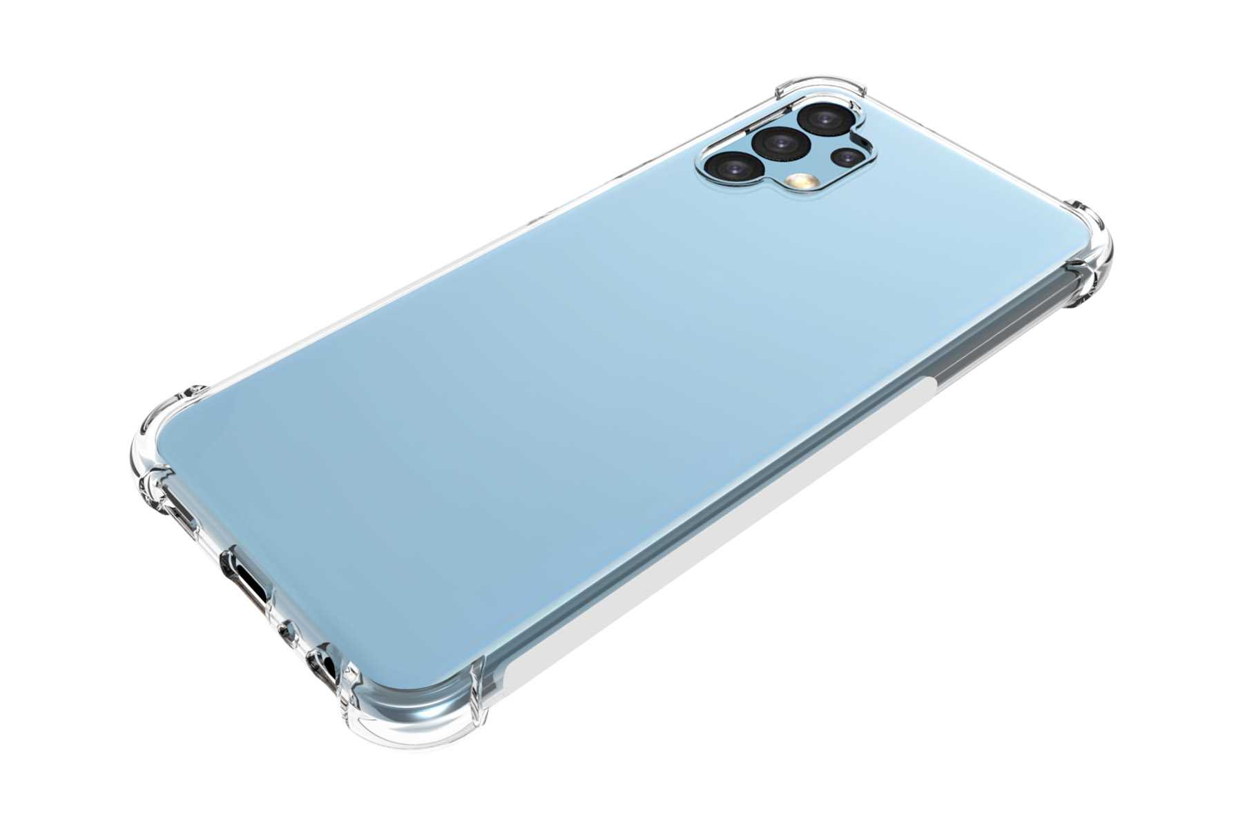 Ein hellblaues Telefon in einer durchsichtigen Hülle. Die Hülle hat schützende Kanten.
