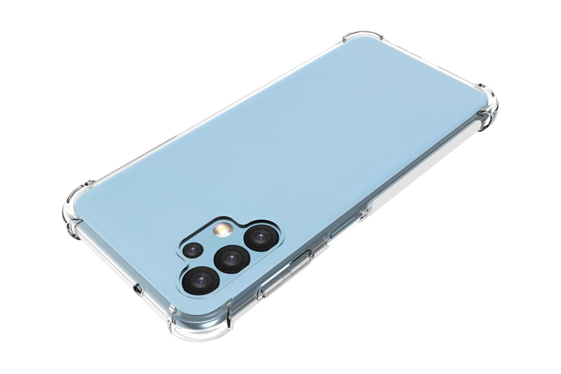 Hellblaues Telefon in einer transparenten Schutzhülle. Das Telefon ist abgewinkelt, die Hülle hat Eckschutz.