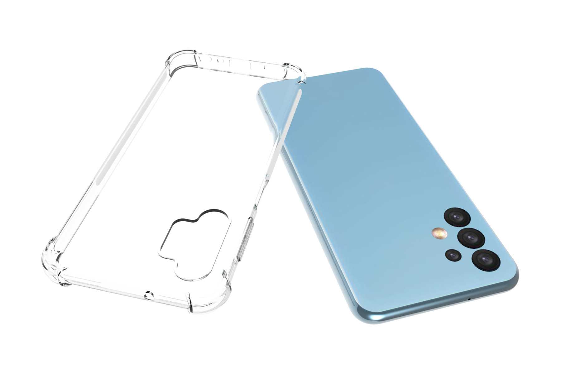 Eine durchsichtige Telefonhülle neben einem hellblauen Telefon. Hülle ist offen, Rückseite des Telefons sichtbar.
