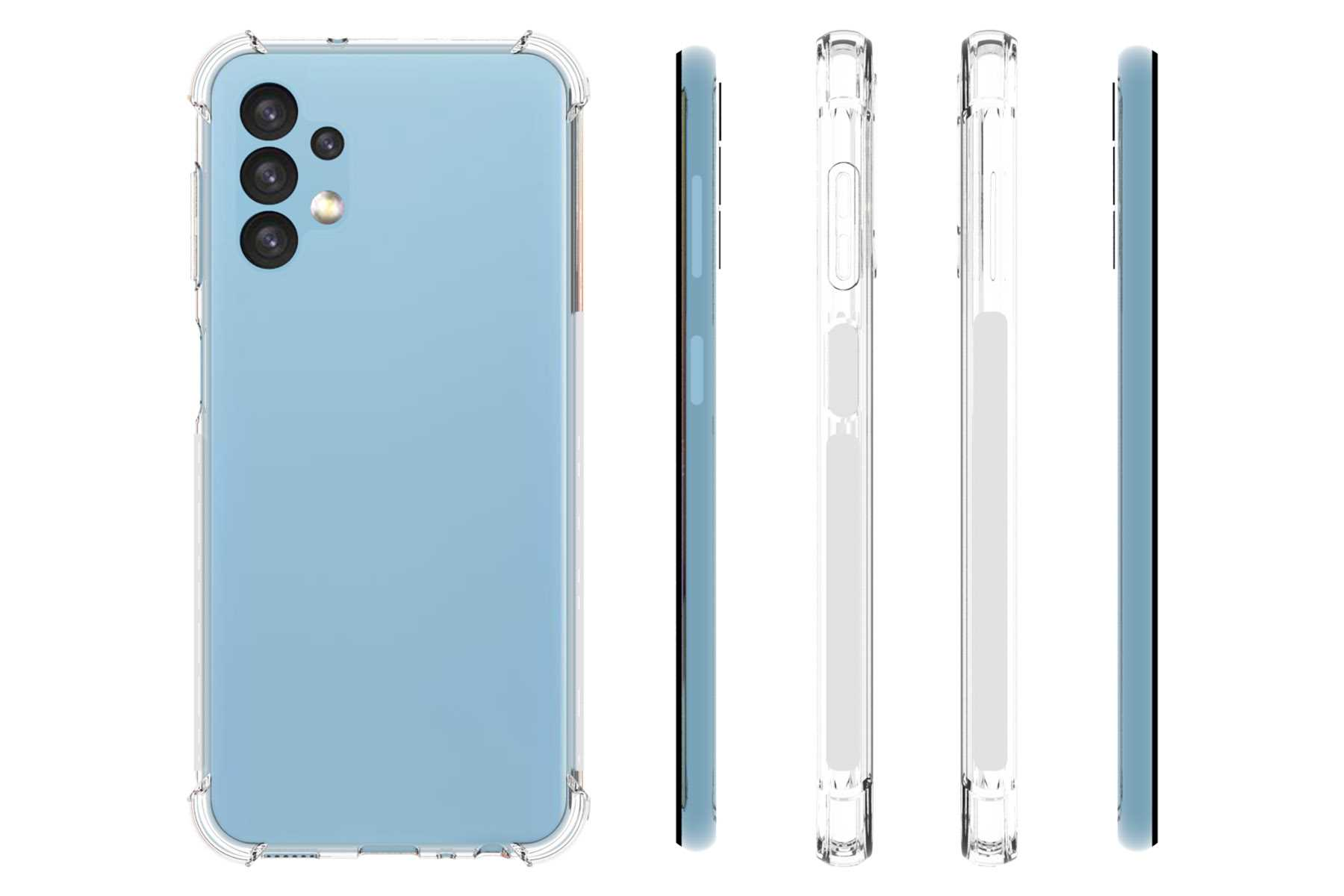 Ein blaues Telefon in einer durchsichtigen Hülle, das die Rück-, Seiten- und Vorderansicht zeigt.
