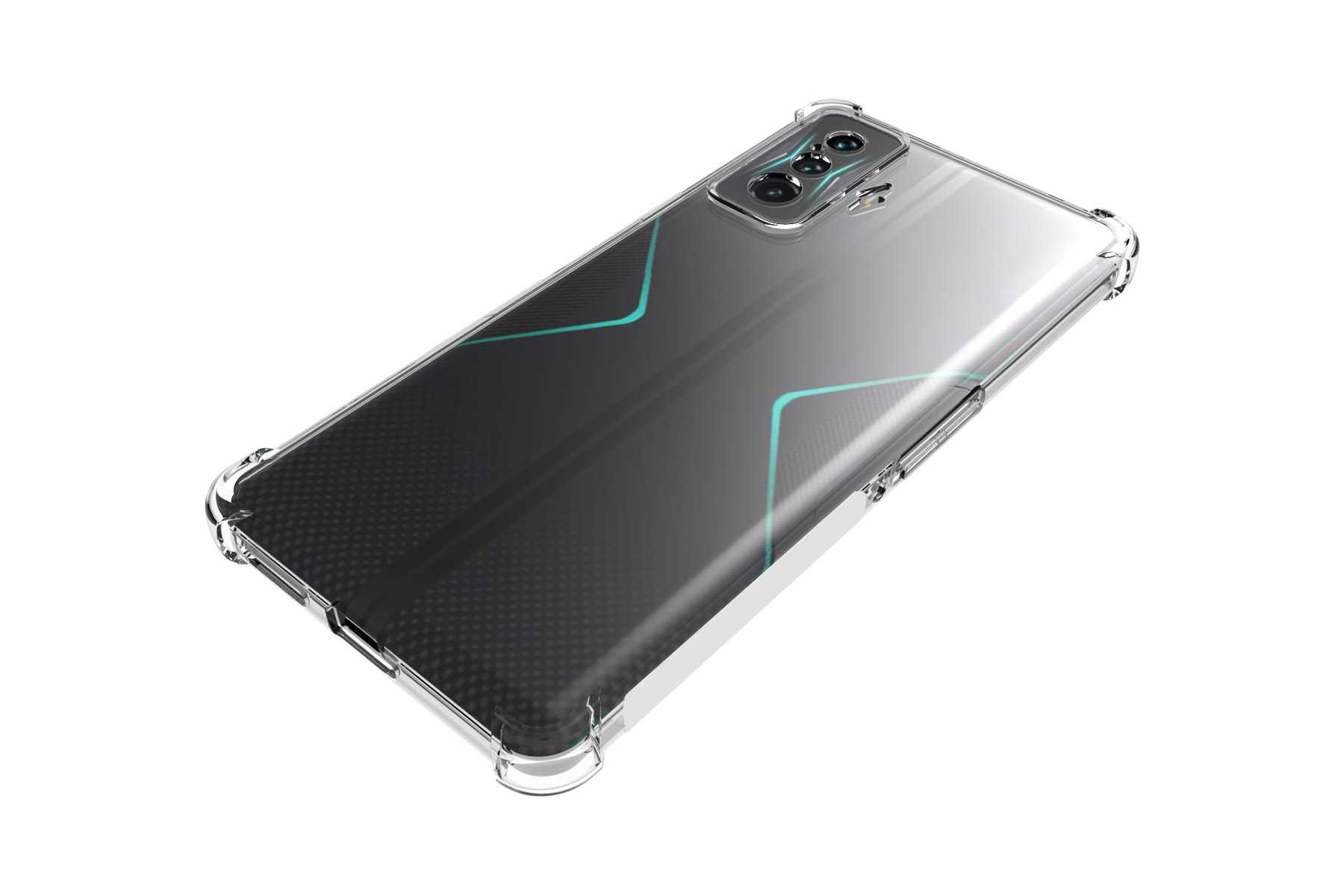 Ein Telefon mit einer durchsichtigen Hülle oben. Das Telefon ist schwarz mit tealfarbenem Akzent und hat eine Kameraanordnung.