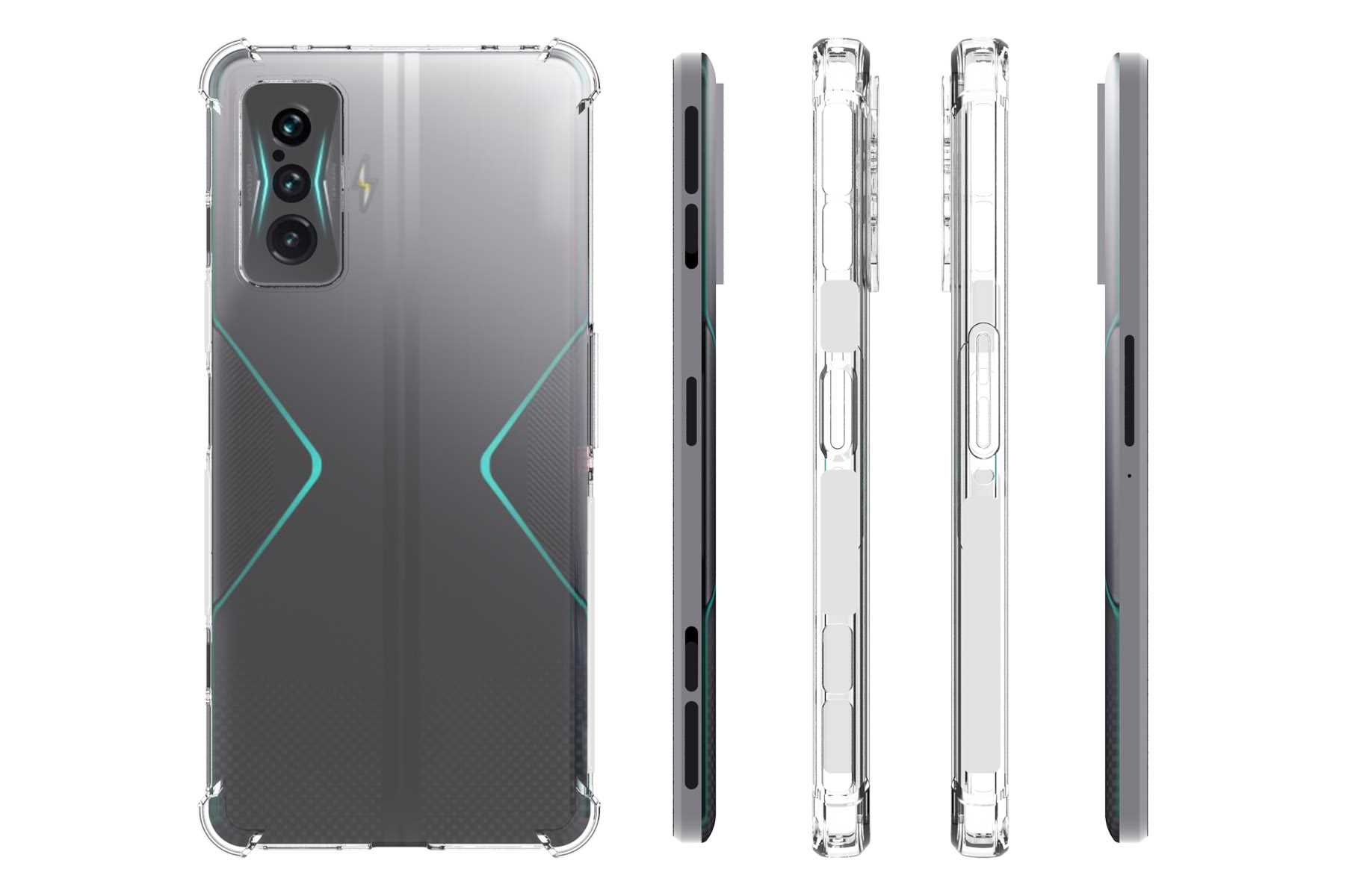 Ein Smartphone in einer transparenten Hülle. Mehrere Ansichten zeigen das Design des Telefons.