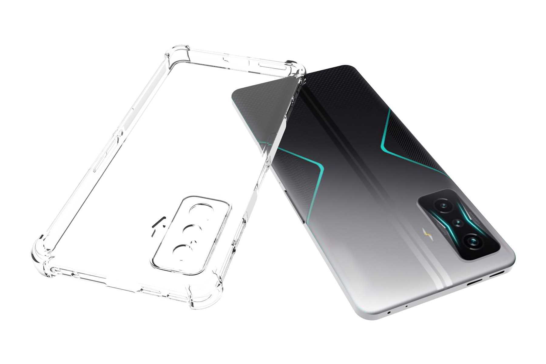 Ein Telefon und eine transparente Hülle. Das Telefon ist schwarz und grau. Die Hülle ist klar und transparent.