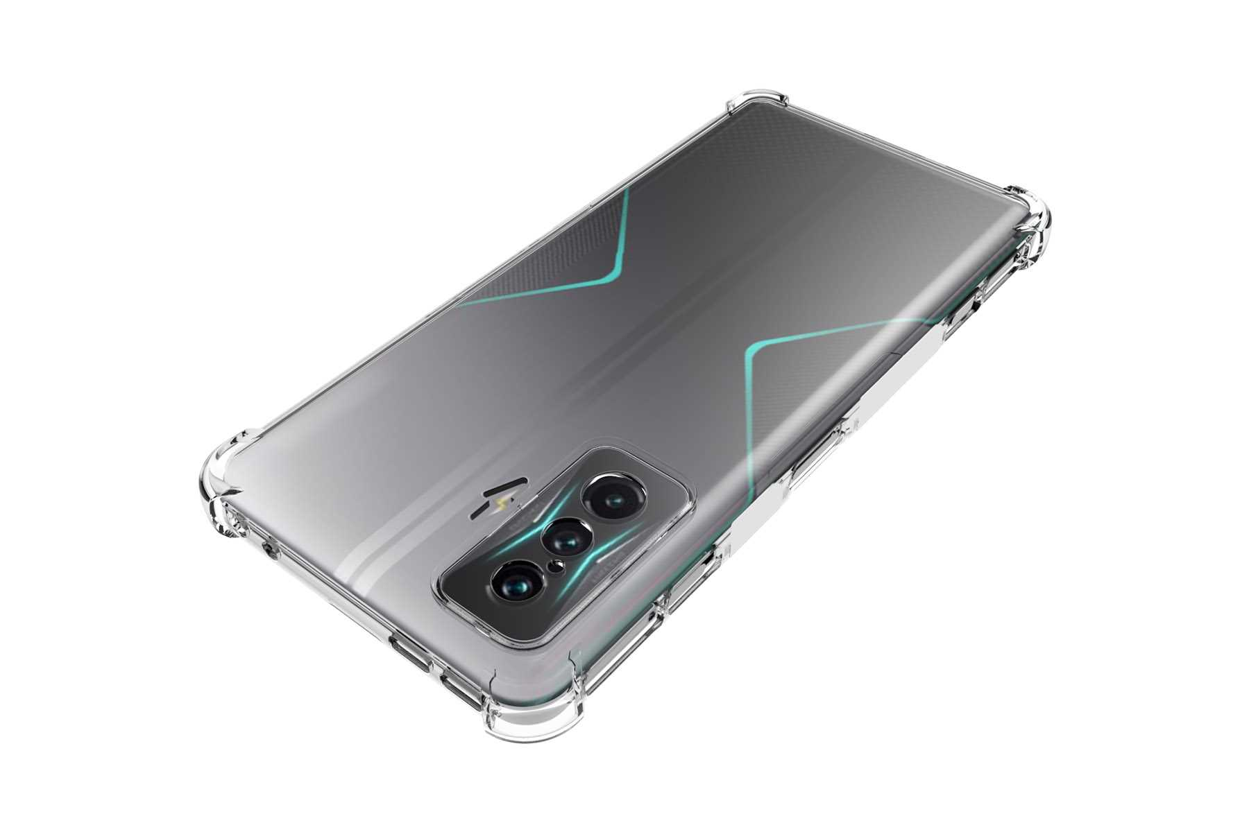 Eine transparente Handyhülle auf einem schwarzen Telefon. Die Hülle hat verstärkte Ecken.