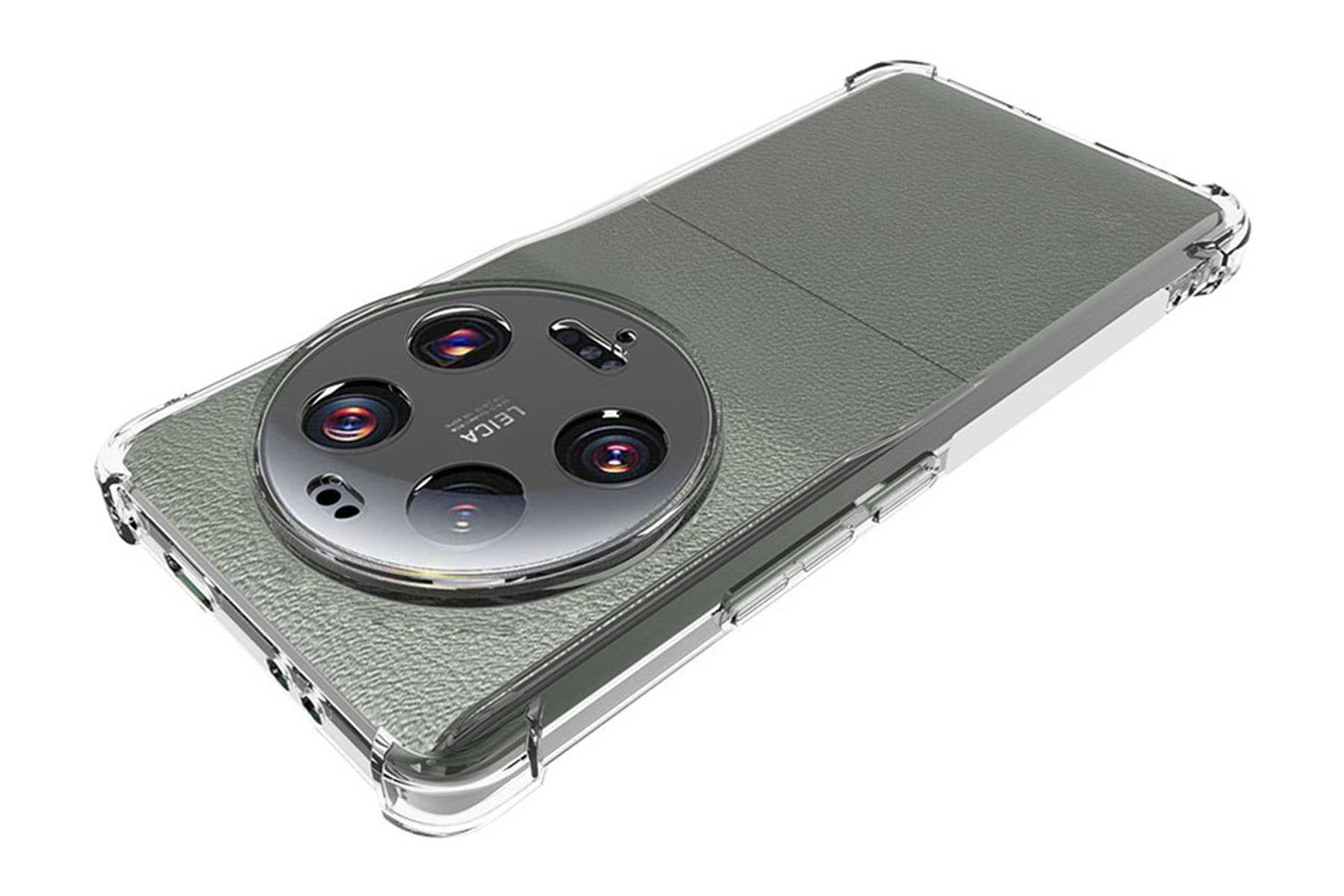 Ein Telefon in einer klaren Hülle mit grüner Leder-Rückseite, mit Mehrfachkamera.