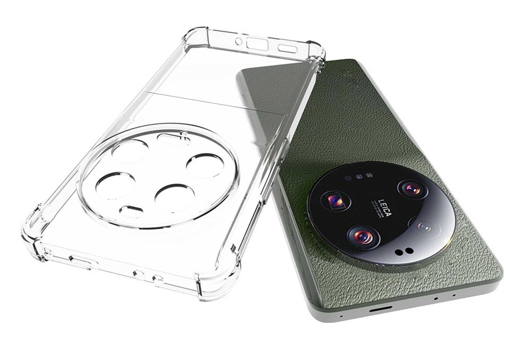 Telefon mit klarer Hülle daneben. Das Telefon ist olivgrün mit rundem Kameraaufbau.