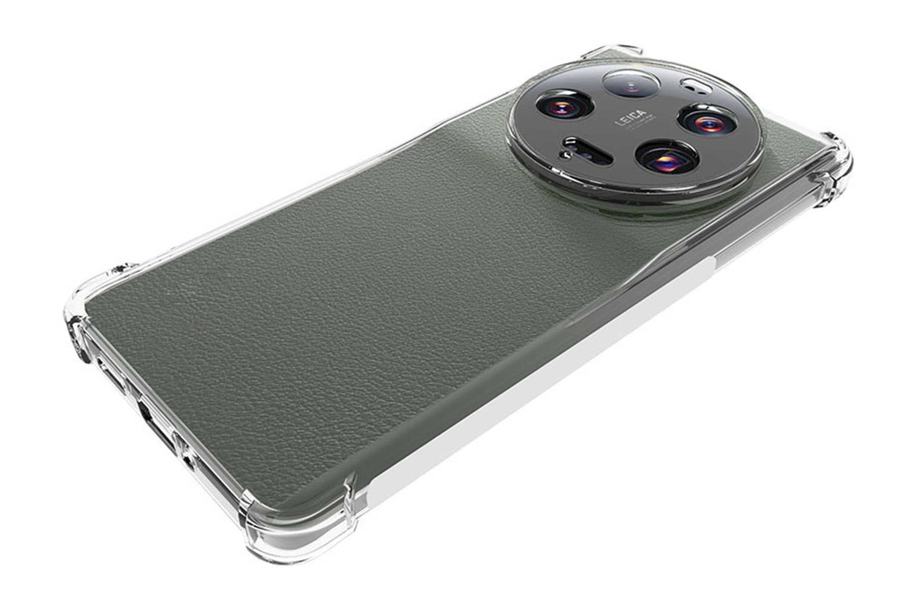 Ein Telefon mit transparenter Hülle. Das Telefon ist grün mit einer großen Kamera.