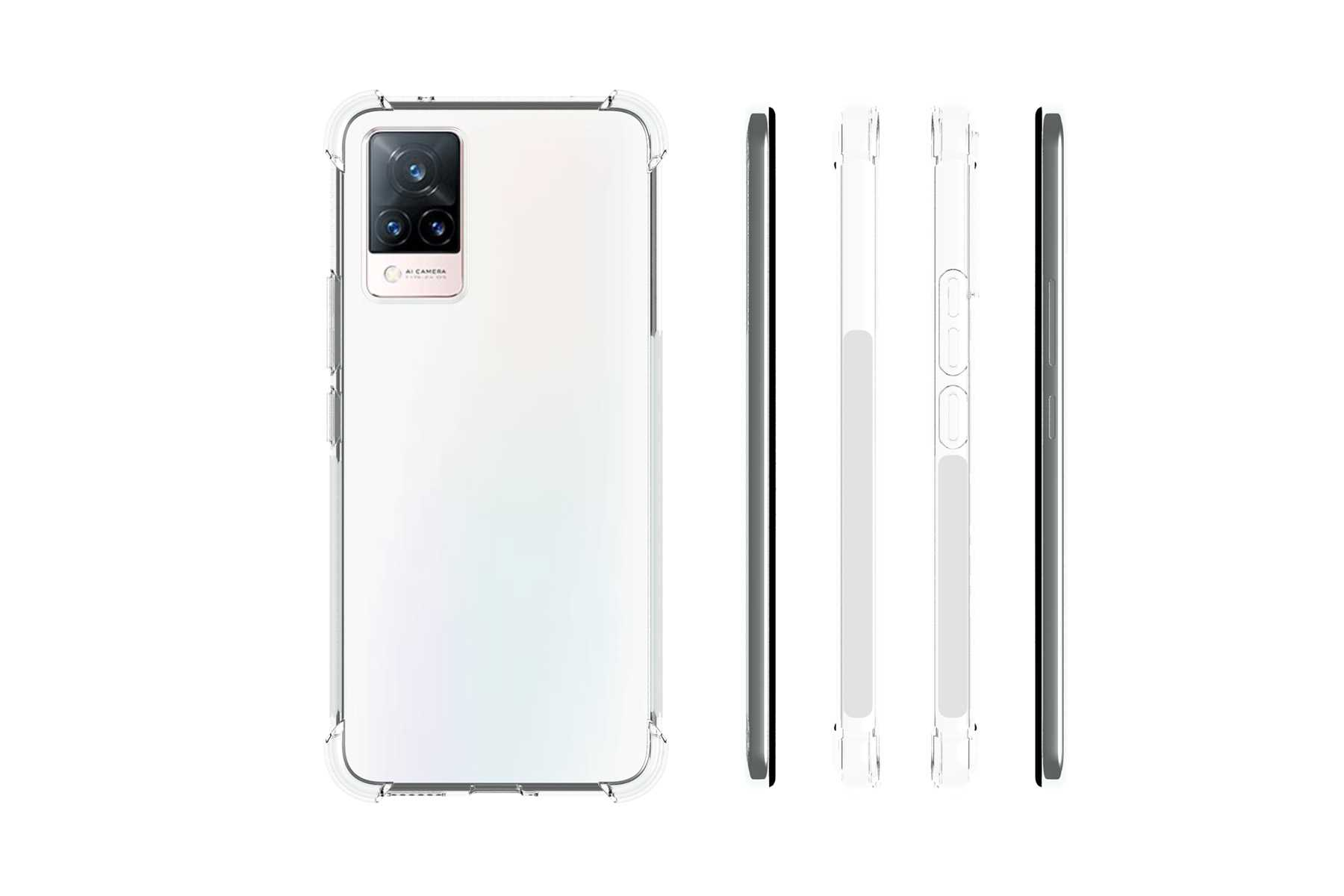 Ein weißes Telefon mit klarer Hülle. Die Hülle hat verstärkte Ecken und Seitentasten.