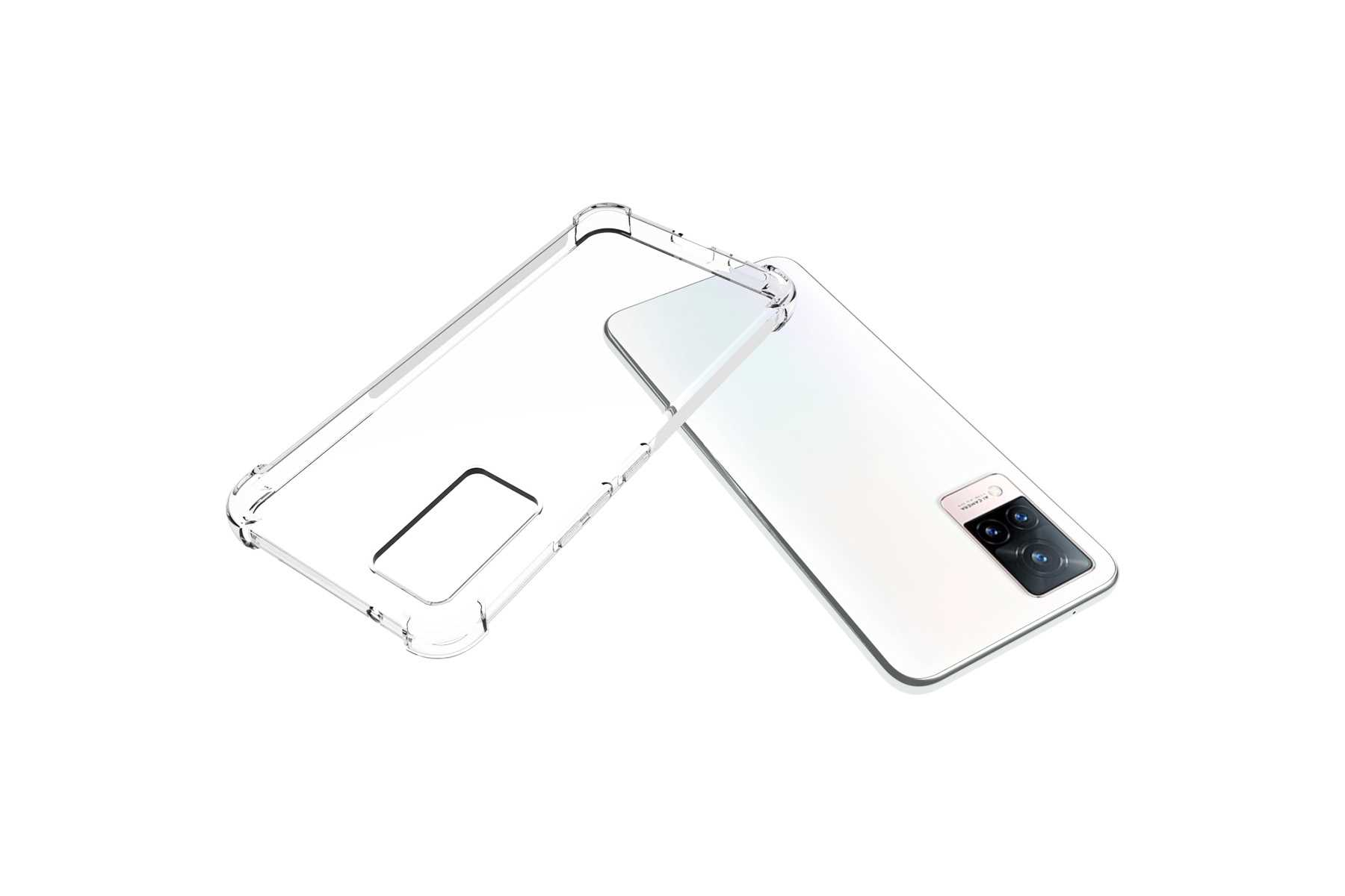 Eine transparente Handyhülle neben einem weißen Telefon. Die Hülle ist offen, das Telefon hat Kameras.
