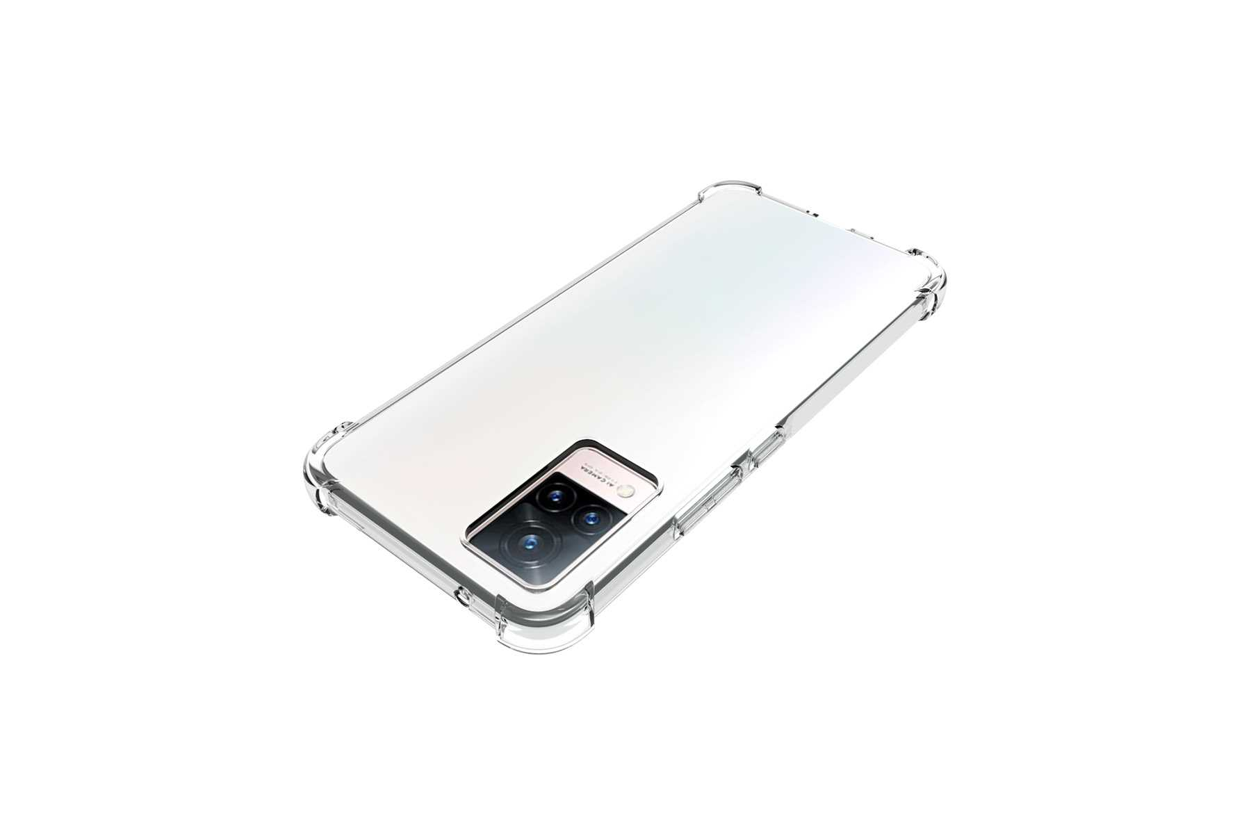 Rückansicht einer transparenten Handyhülle mit einem Telefon darin, weißer Hintergrund.