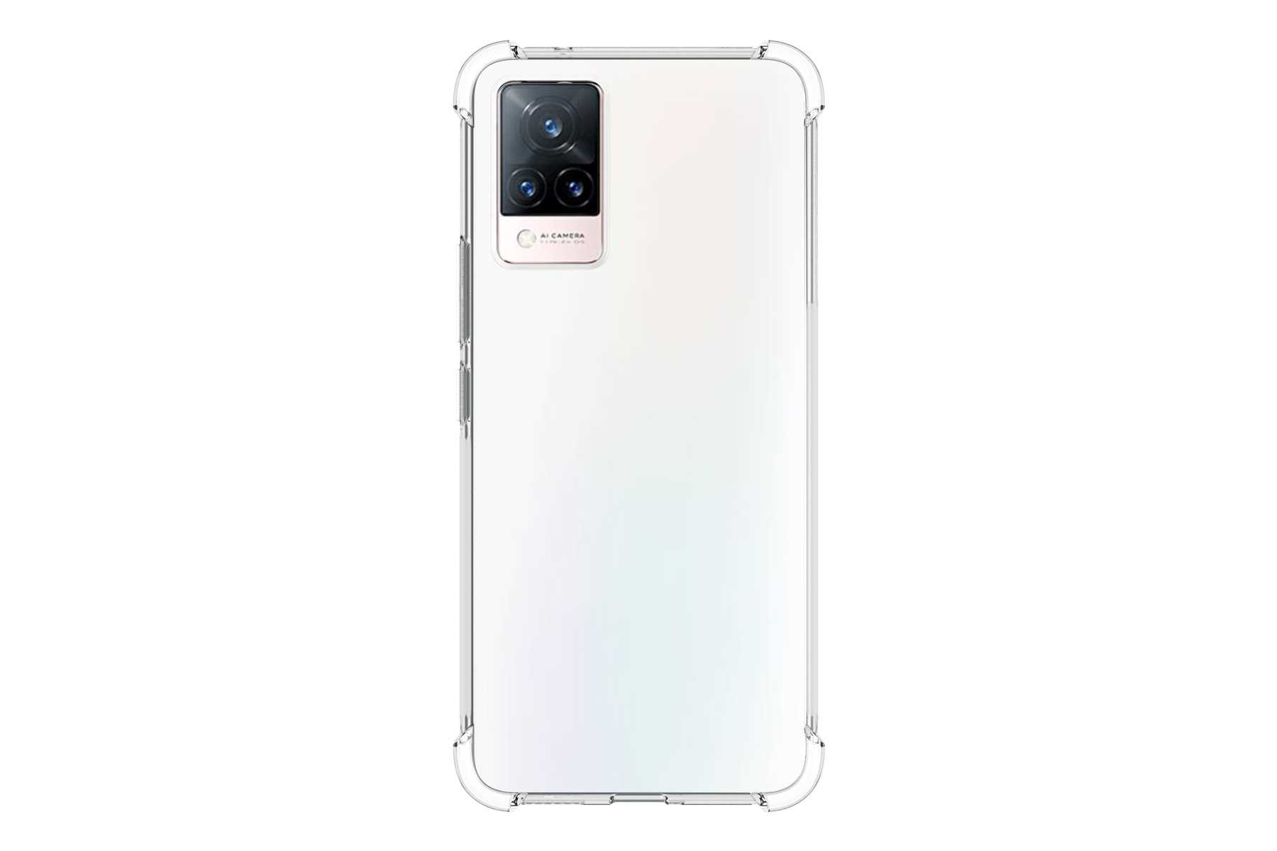 Weißes Telefon in einer durchsichtigen Hülle, mehrere Kameras auf der Rückseite.