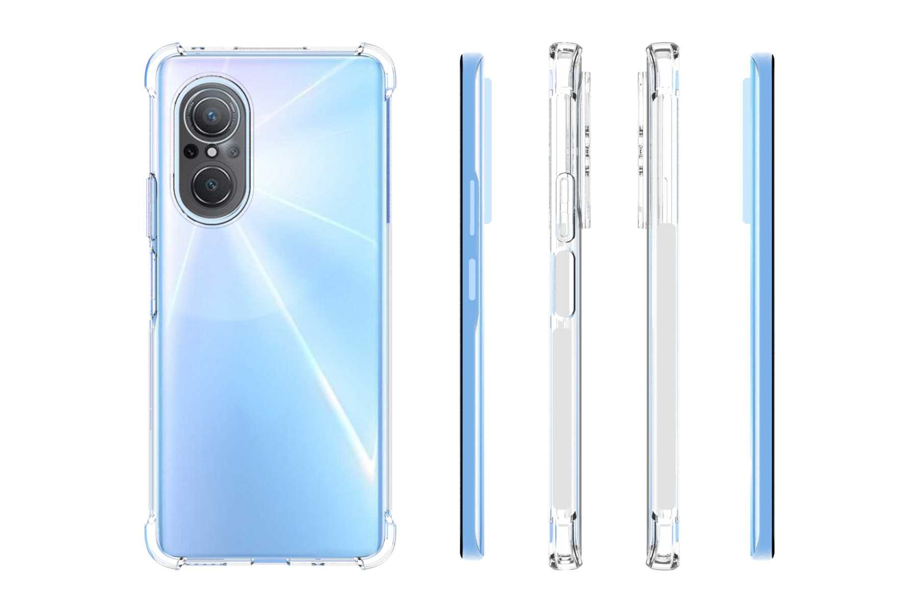 Transparente Handyhülle mit einem hellblauen Telefon darin, Seitenansichten.