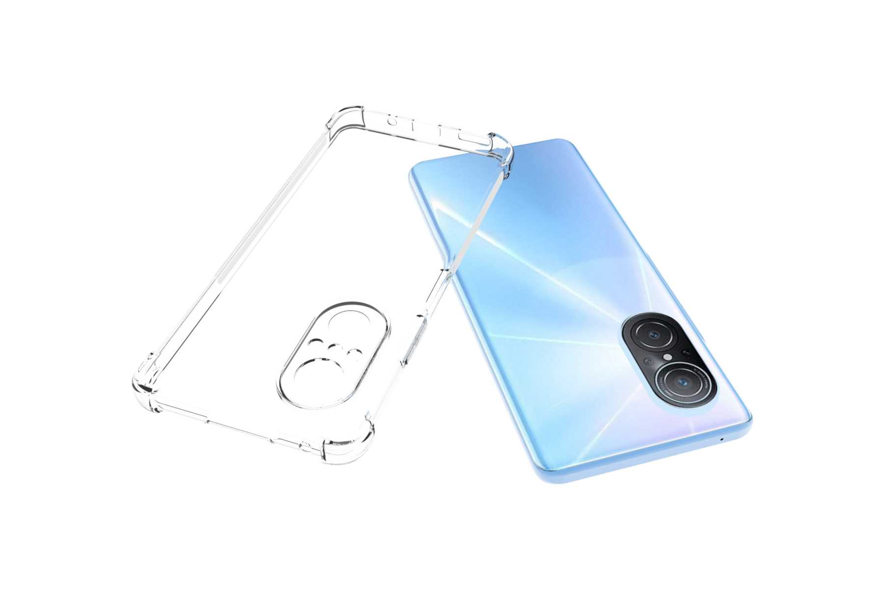 Blaues Telefon mit transparenter Hülle, abgebildet mit abgenommener Hülle, weißer Hintergrund.