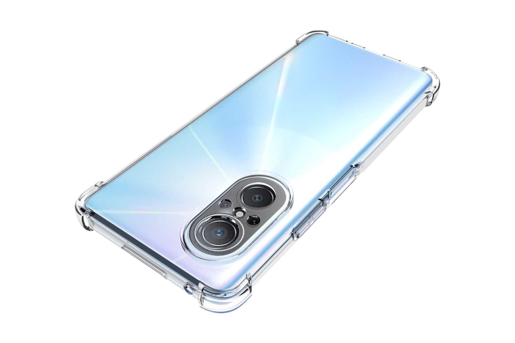 Ein Telefon in einer transparenten Hülle. Das Telefon ist silber/weiß. Die Hülle hat verstärkte Ecken zum Schutz.