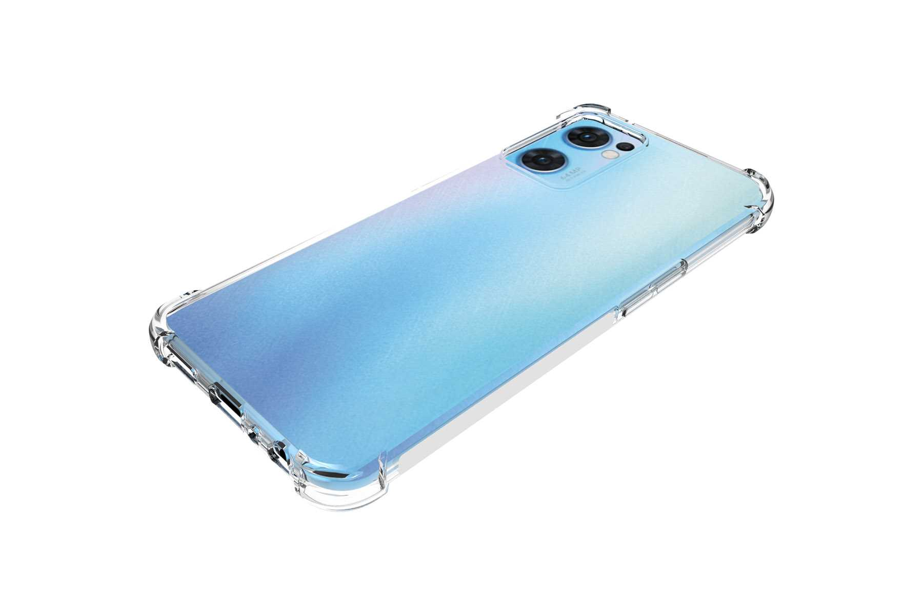 Ein Telefon mit transparentem Gehäuse und hellblauem Farbverlauf auf der Rückseite. Das Telefon hat eine Kamera.