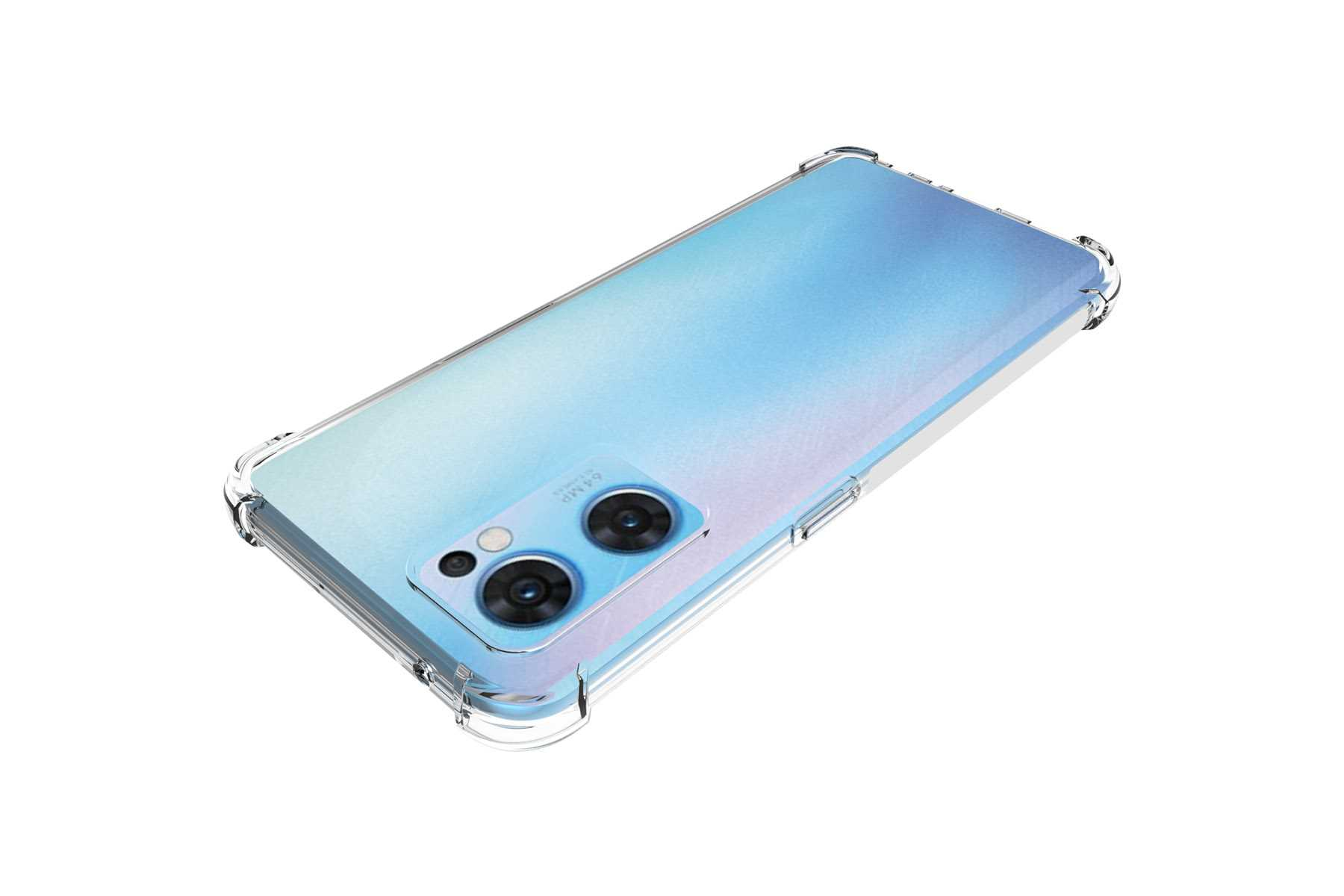 Telefon mit durchsichtiger Hülle, Rückseite sichtbar. Weißer Hintergrund.