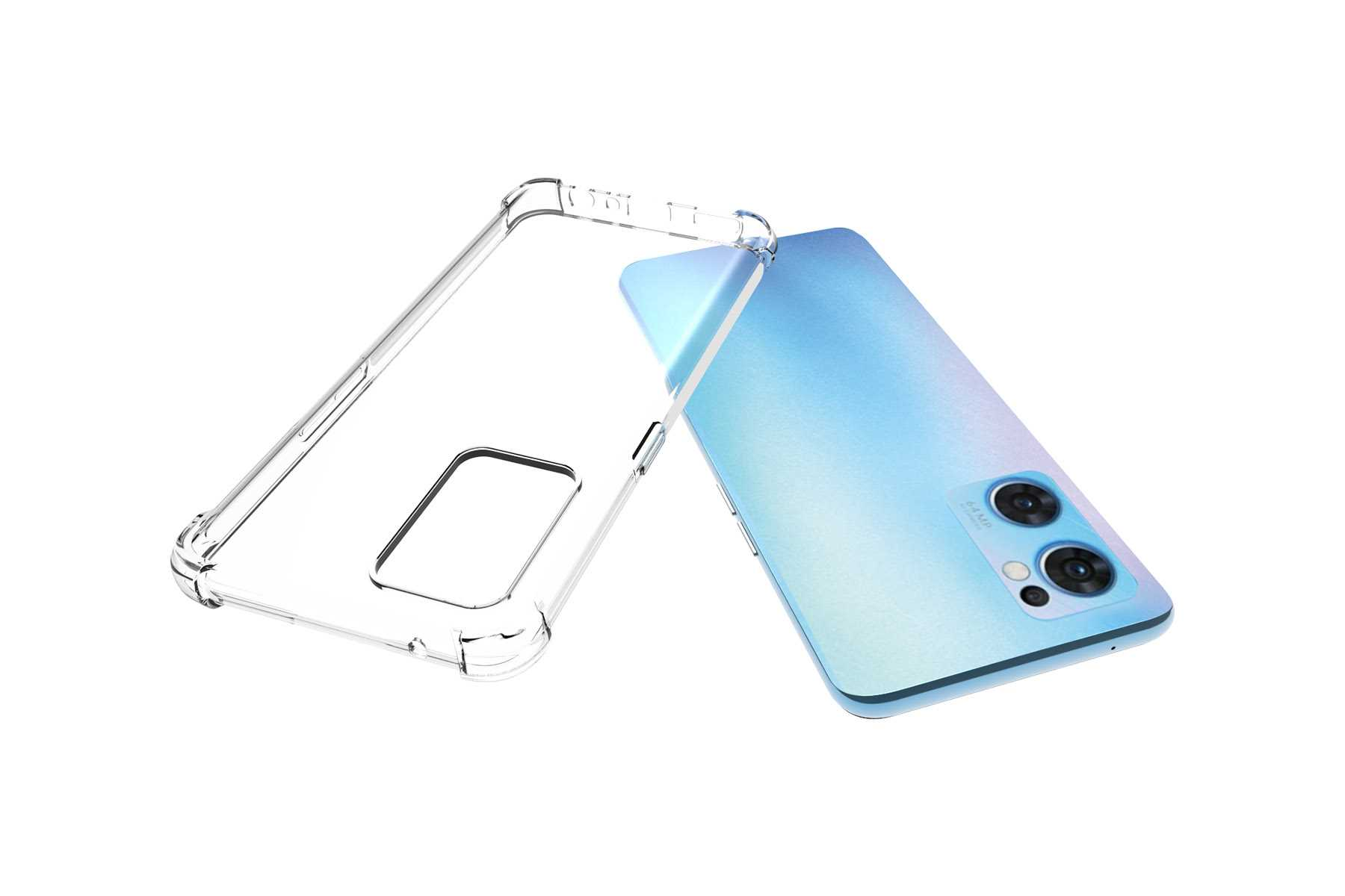 Ein blaues Telefon und eine transparente Handyhülle. Das Telefon ist blau mit Kamera, die Hülle transparent und bedeckt das Telefon teilweise.