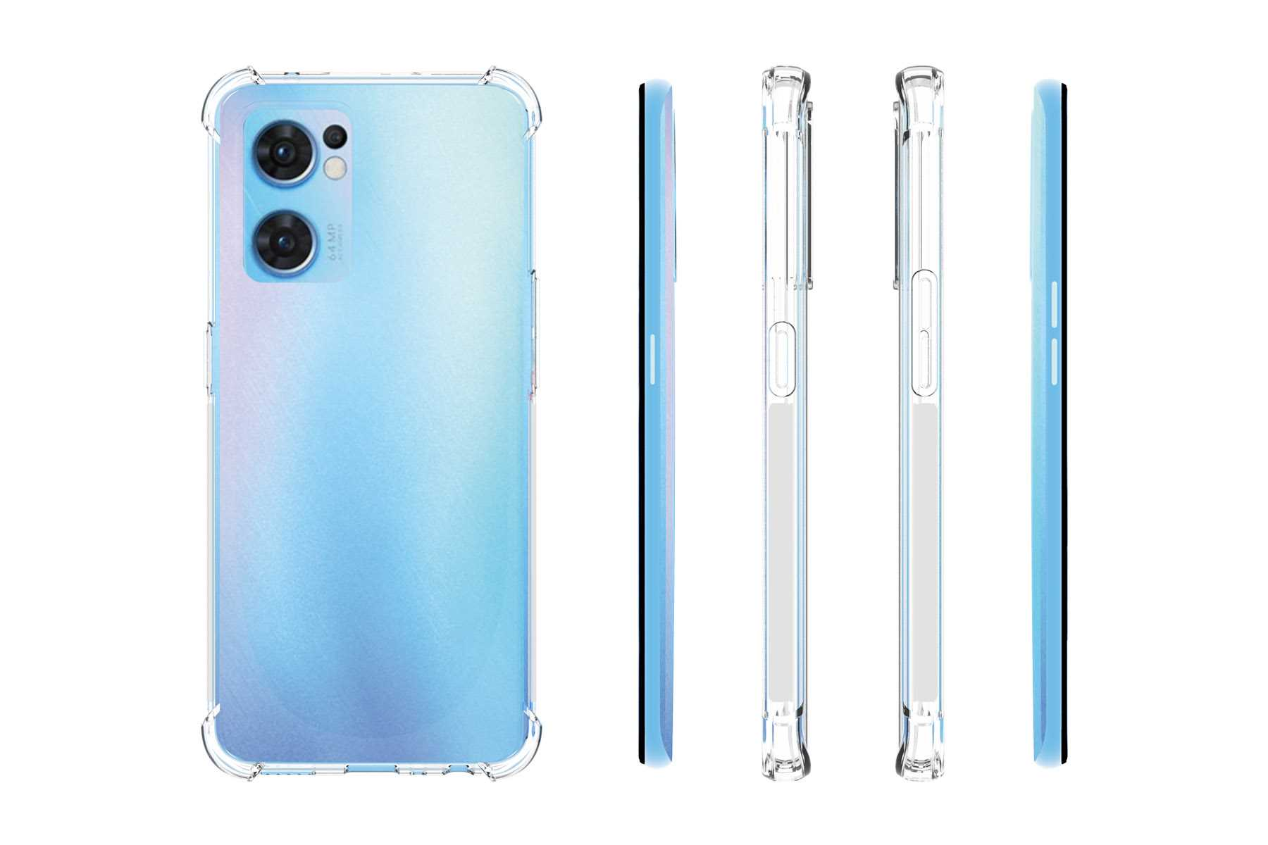 Transparente Handyhülle mit blau-violettem Farbverlauf auf der Rückseite. Verschiedene Winkel.