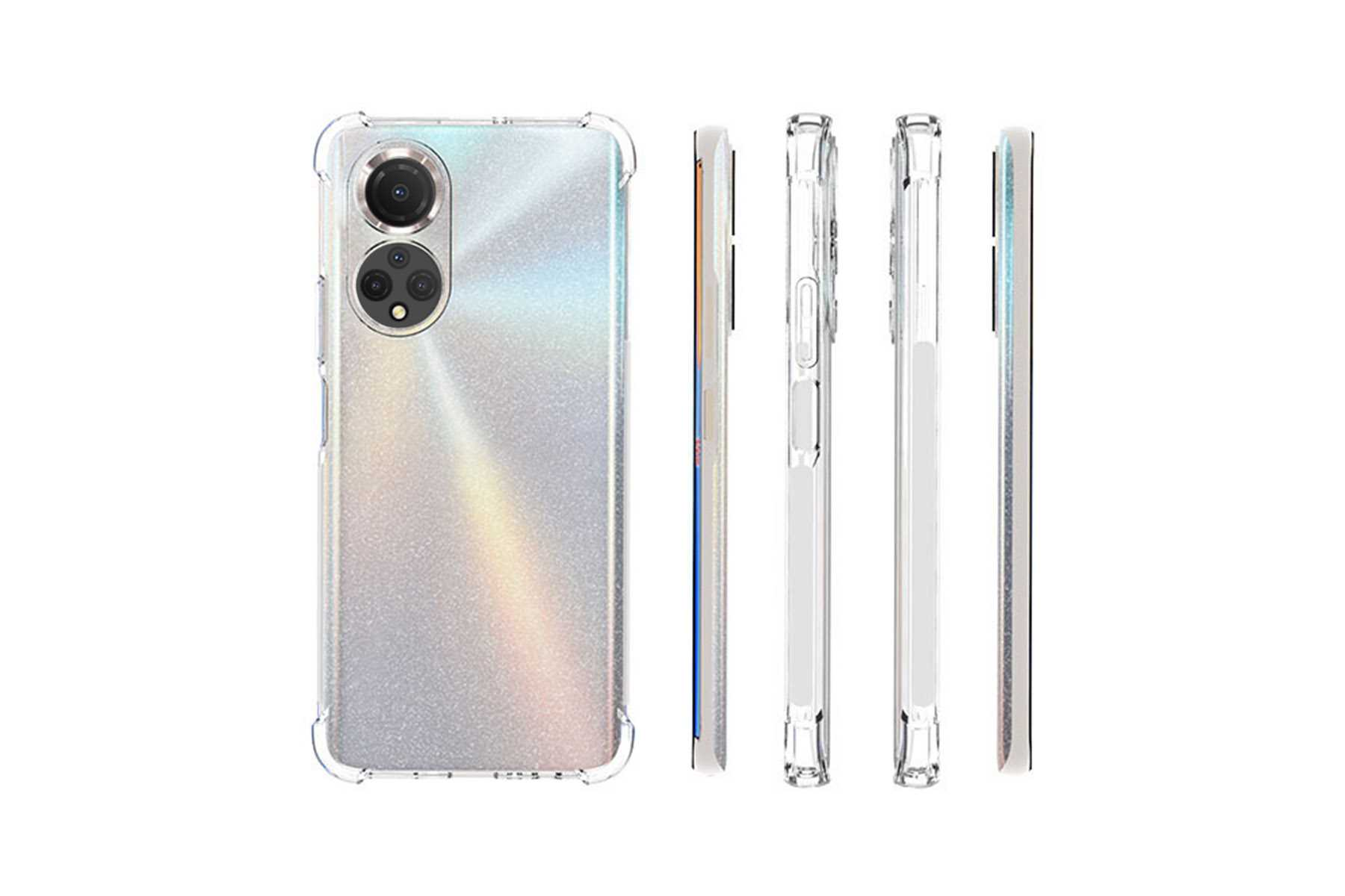 Transparente Handyhülle mit Telefon, mehrere Ansichten. Weißer Hintergrund.