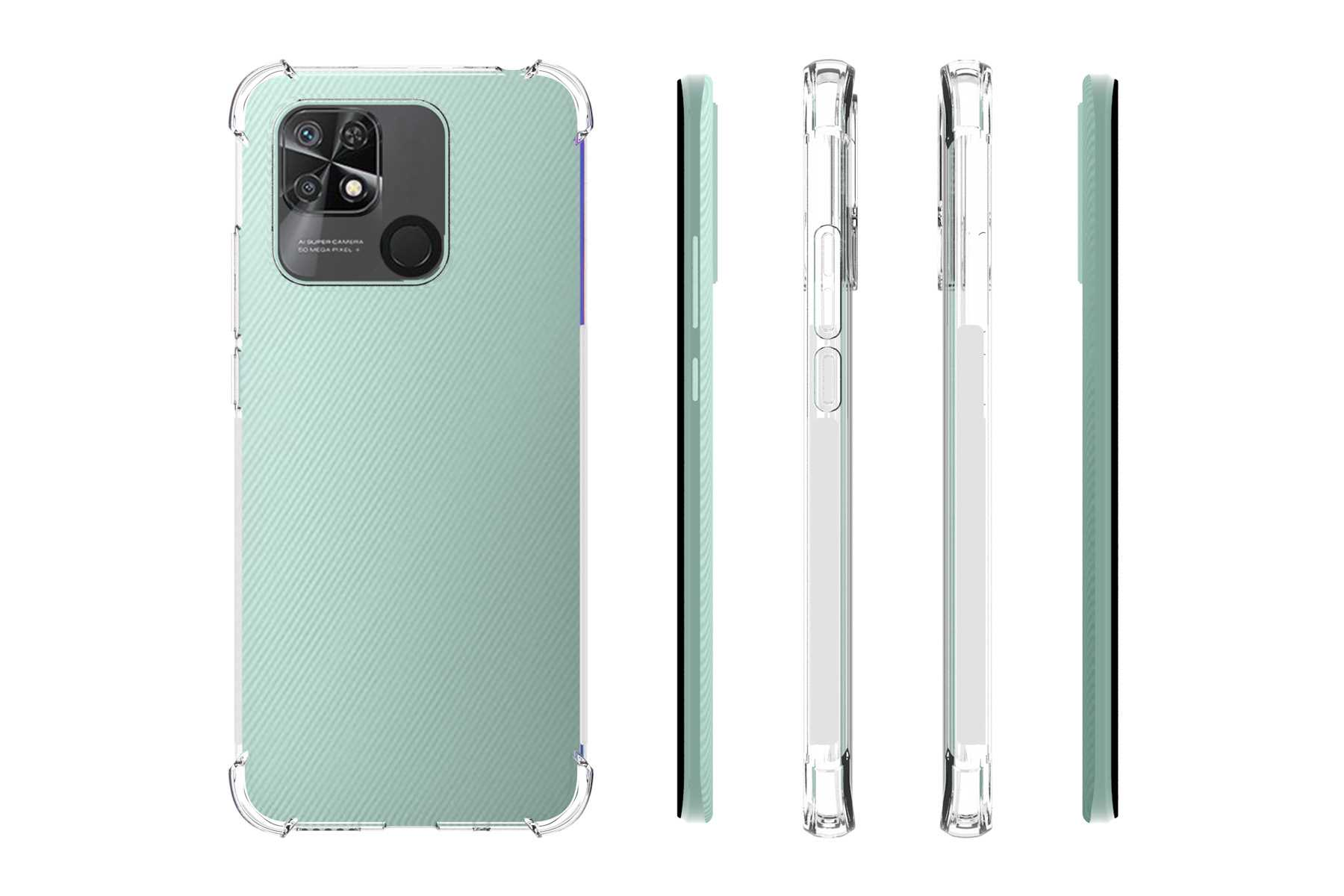 Ein Telefon in einer transparenten Hülle, aus mehreren Winkeln gezeigt, mit mintfarbener Rückseite.