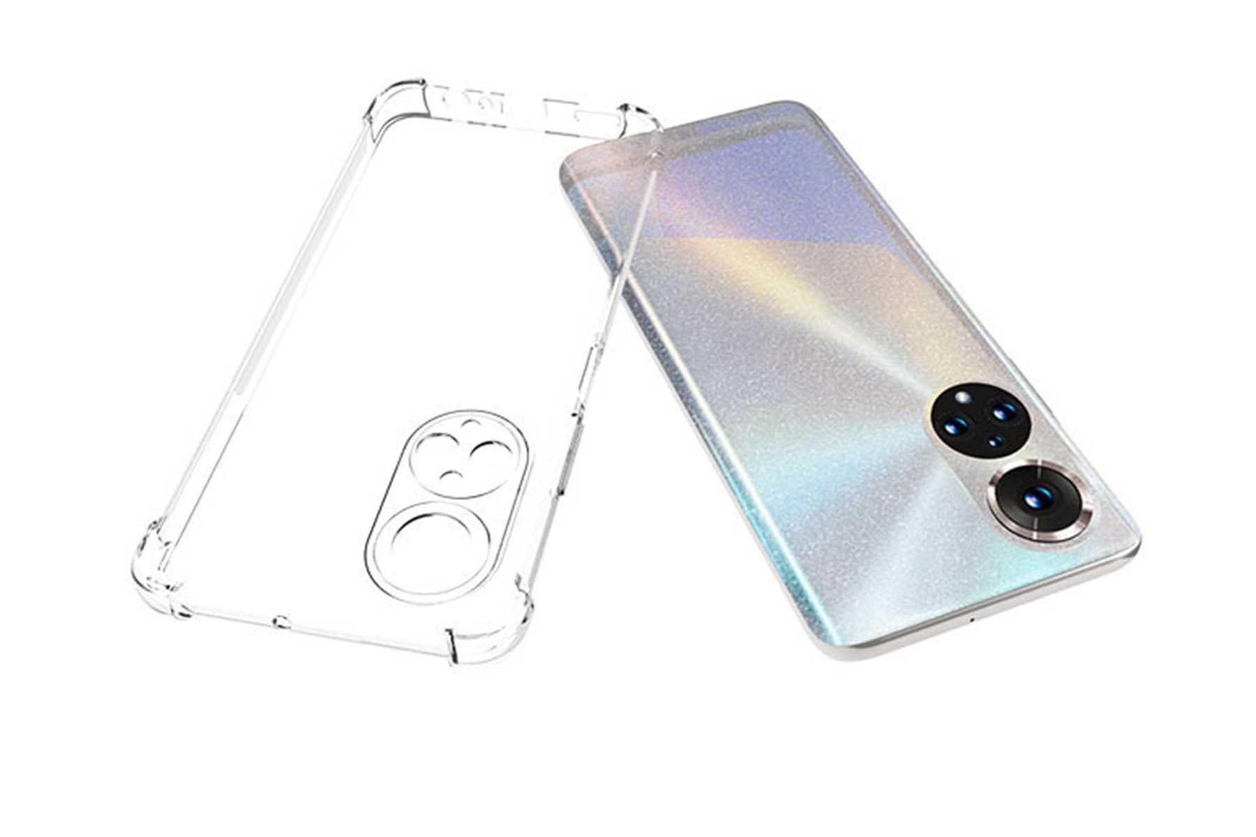 Transparente Handyhülle neben einem silbernen Telefon. Dual-Kamera-Setup.