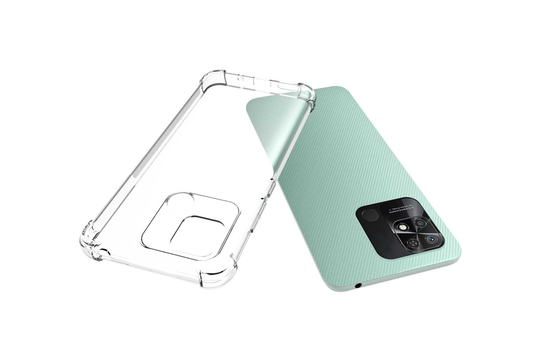 Ein Telefon und eine transparente Hülle. Die Rückseite des Telefons ist grün mit Kamerahügel.