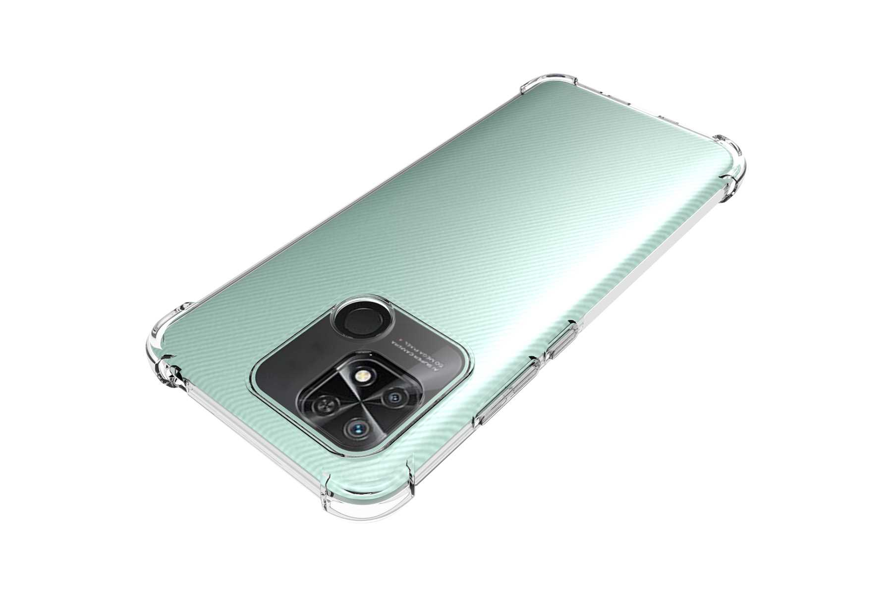 Ein Smartphone mit einer transparenten Schutzhülle auf einer weißen Oberfläche. Die Telefonrückseite ist hellgrün.