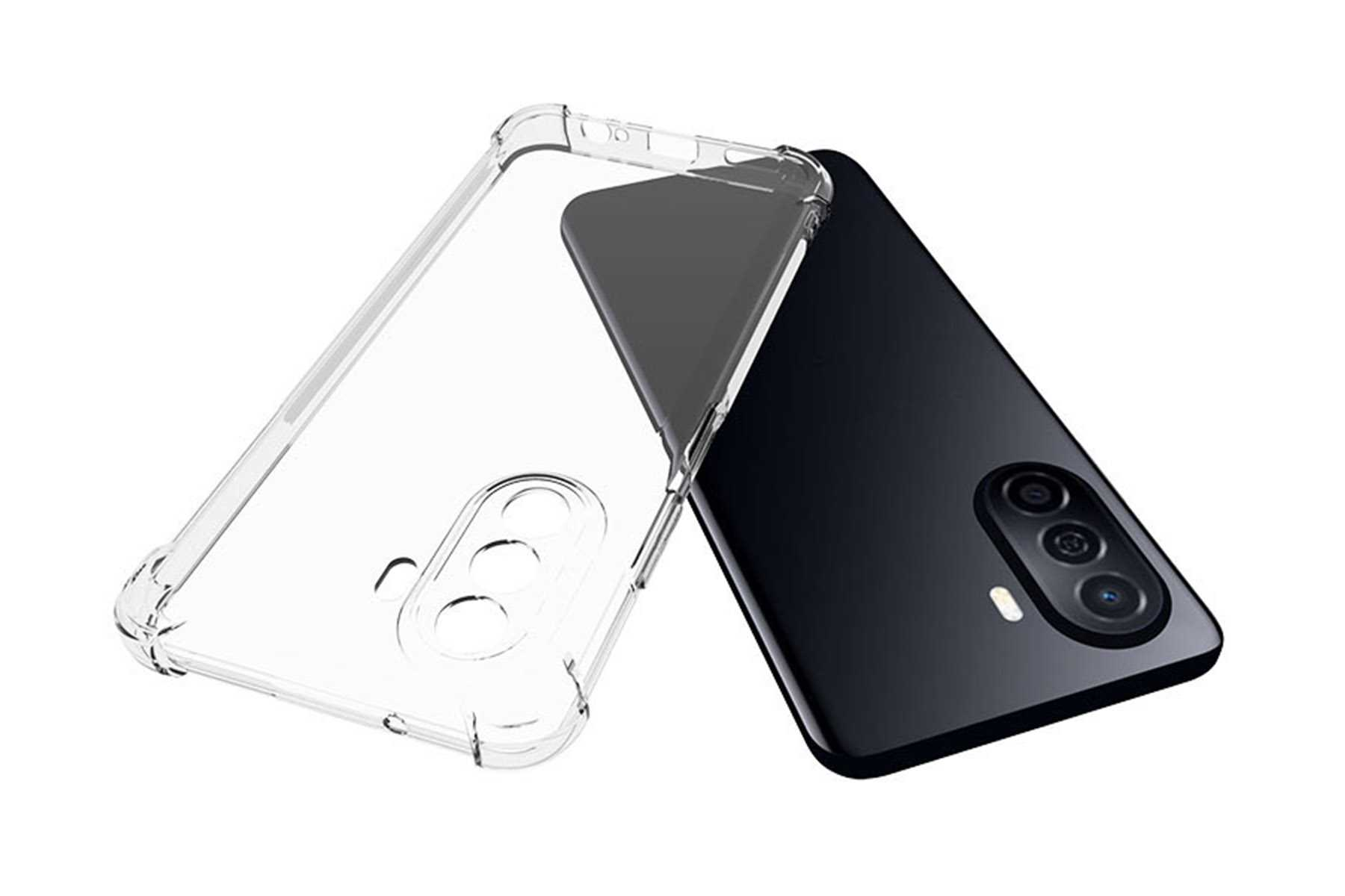Eine transparente Handyhülle neben einem schwarzen Smartphone auf weißer Oberfläche. Das Telefon hat eine Kamera.