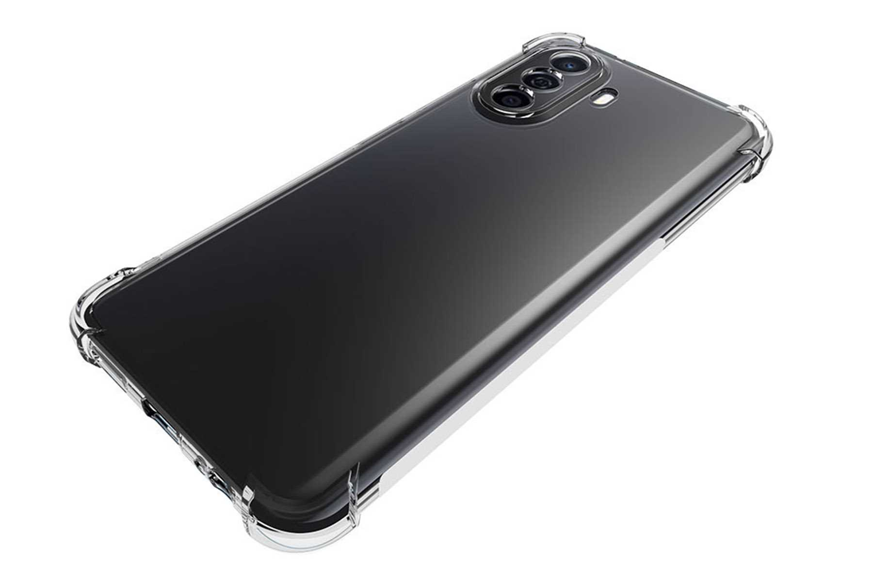Transparente Handyhülle auf Weiß. Schwarzes Telefon darin. Verstärkte Ecken.