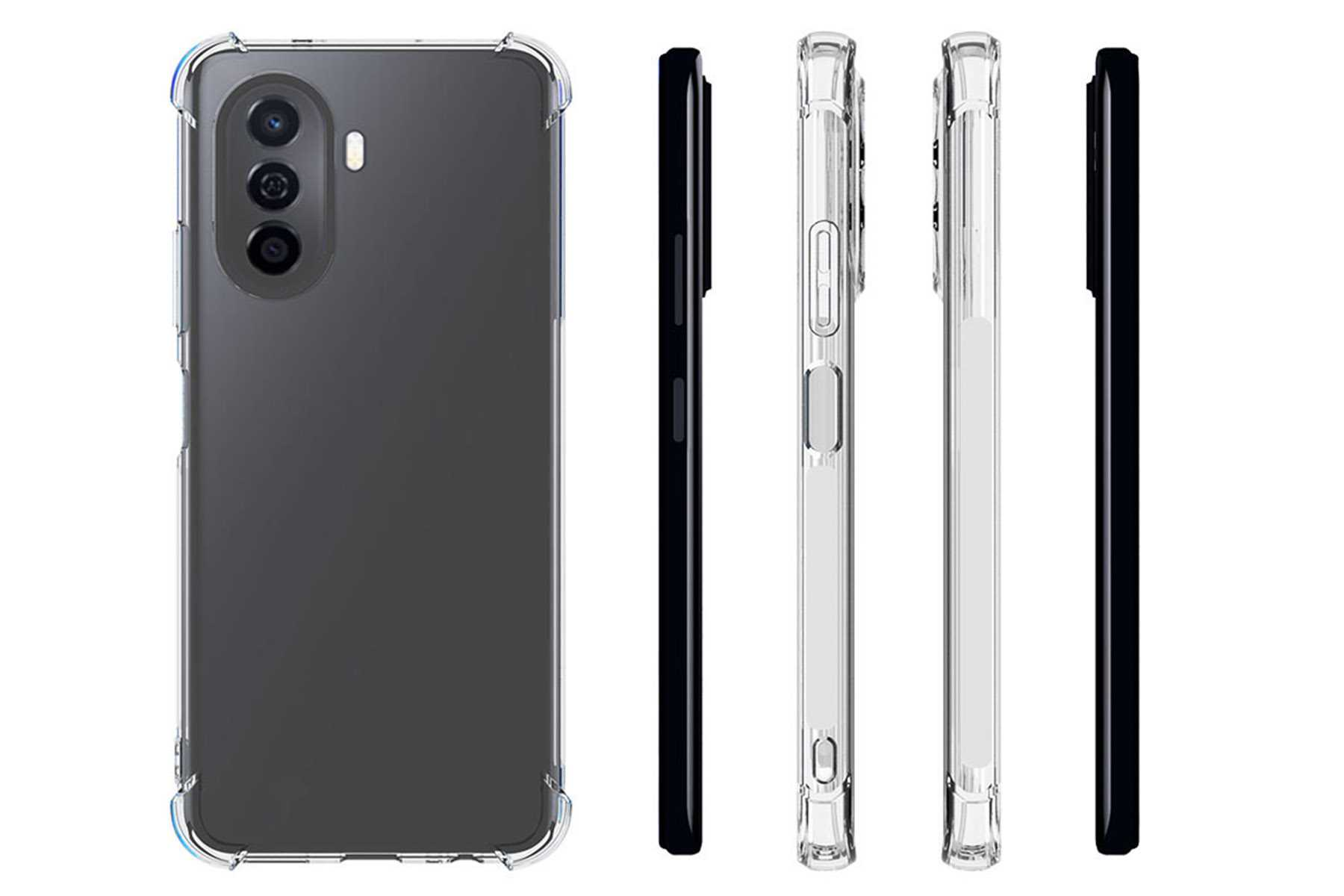 Ein schwarzes Telefon mit einer transparenten Hülle, mit Ansichten von Rückseite, Seite und Kante. Das Telefon hat drei Kameras.