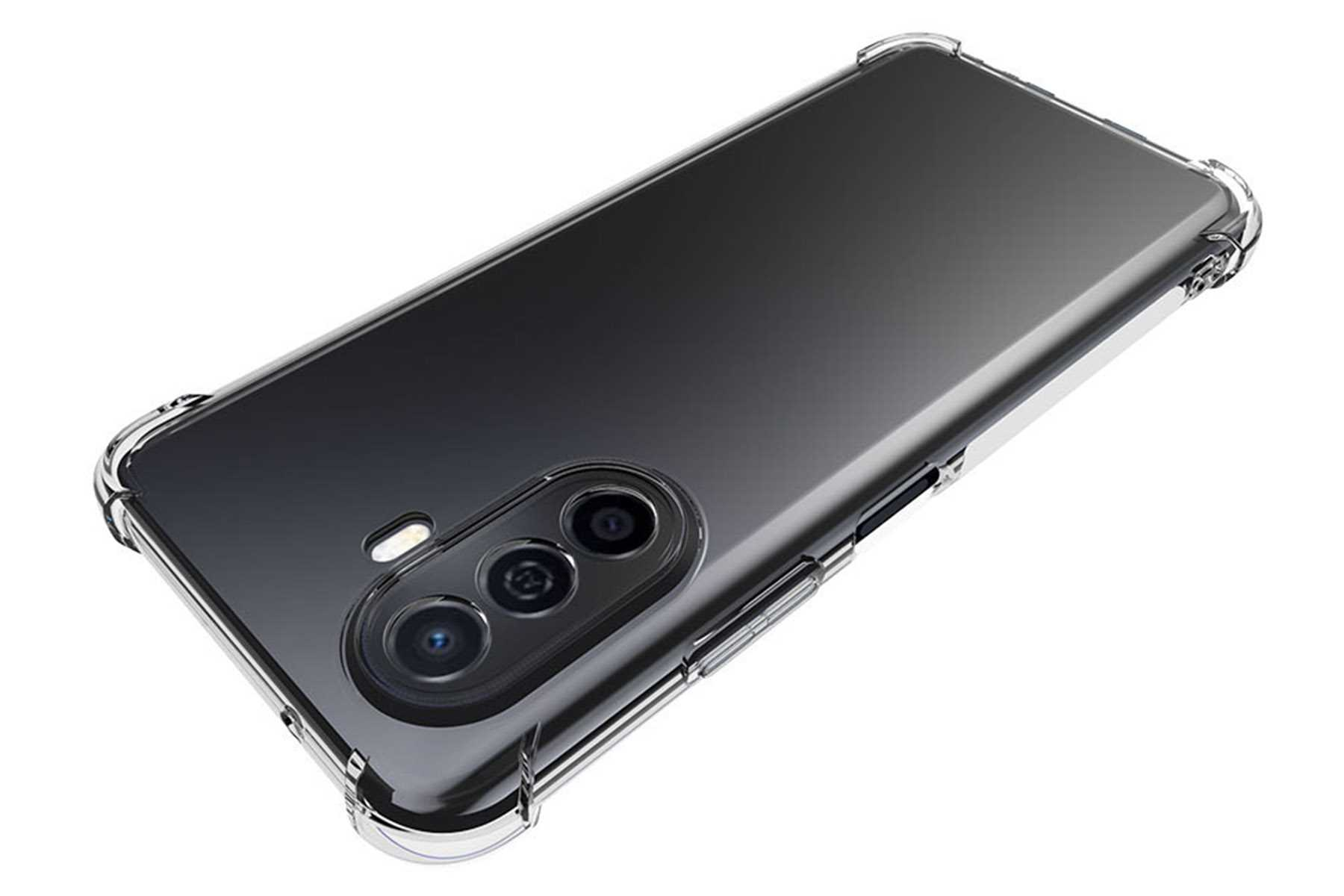 Eine transparente Handyhülle über einem schwarzen Telefon mit drei Kameralinsen.