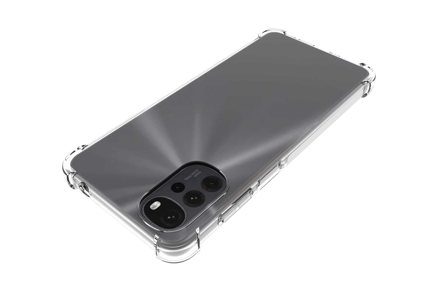 Ein Smartphone mit einer transparenten Schutzhülle auf einer weißen Oberfläche. Die Rückseite des Telefons ist grau.