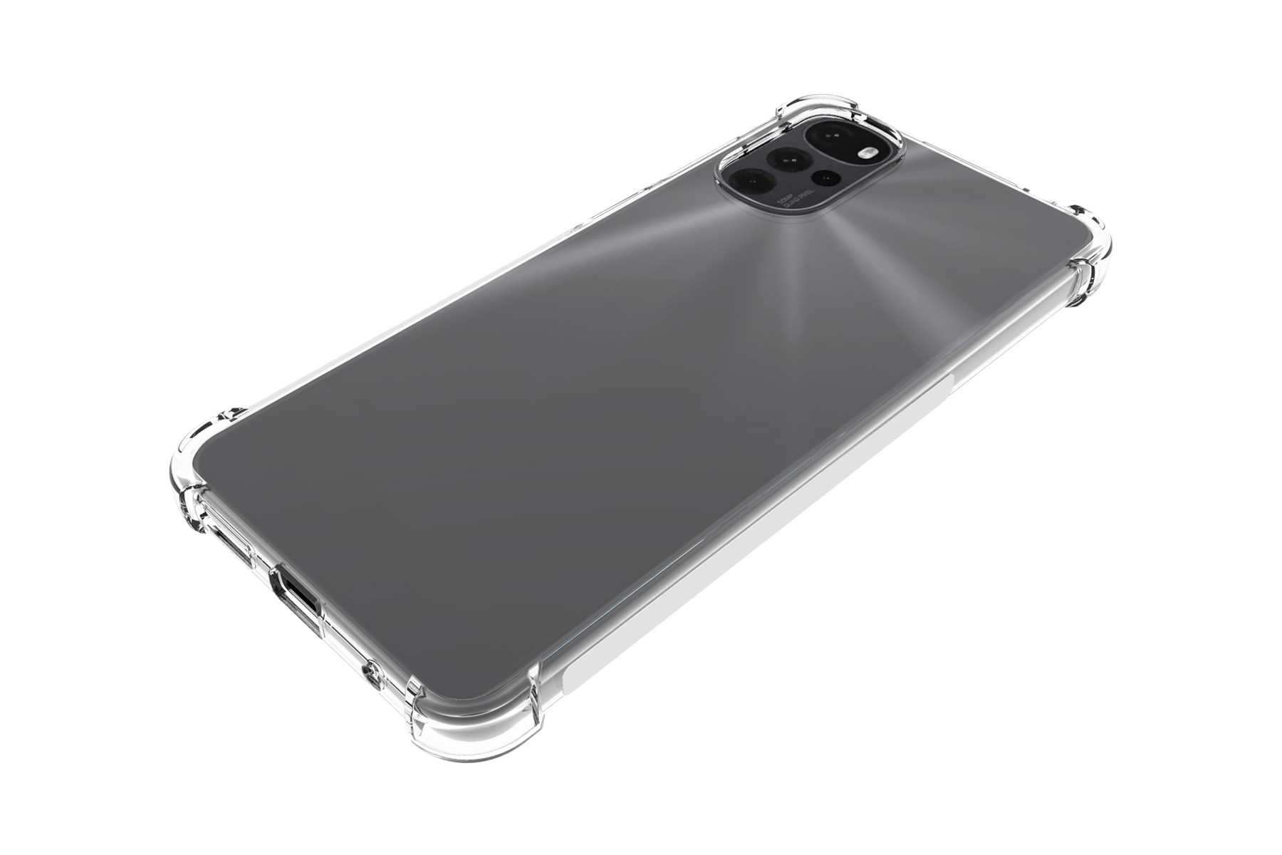Eine transparente Handyhülle liegt auf einem Handy. Das Telefon hat drei Rückkameras und eine dunkelgraue Rückseite.