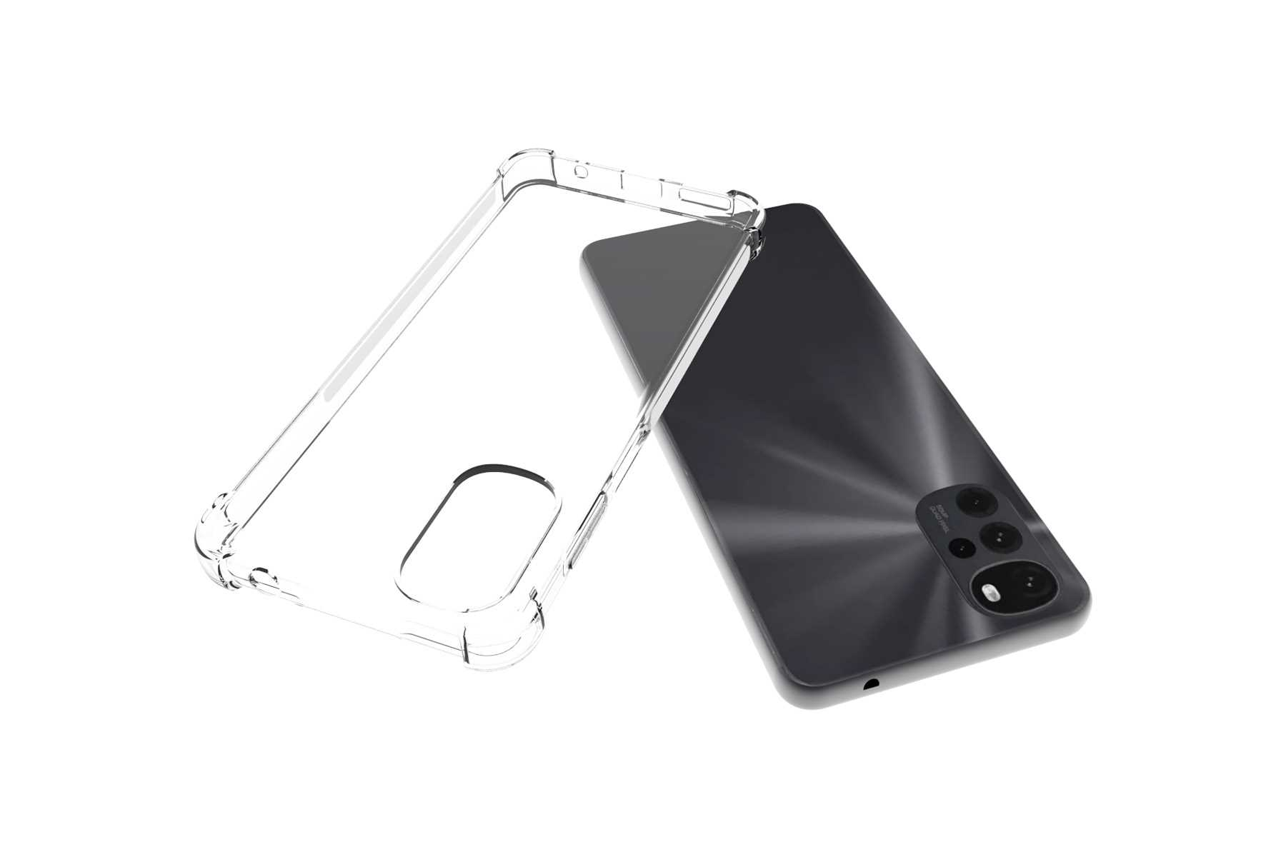 Transparente Handyhülle neben einem schwarzen Telefon. Die Hülle ist transparent.