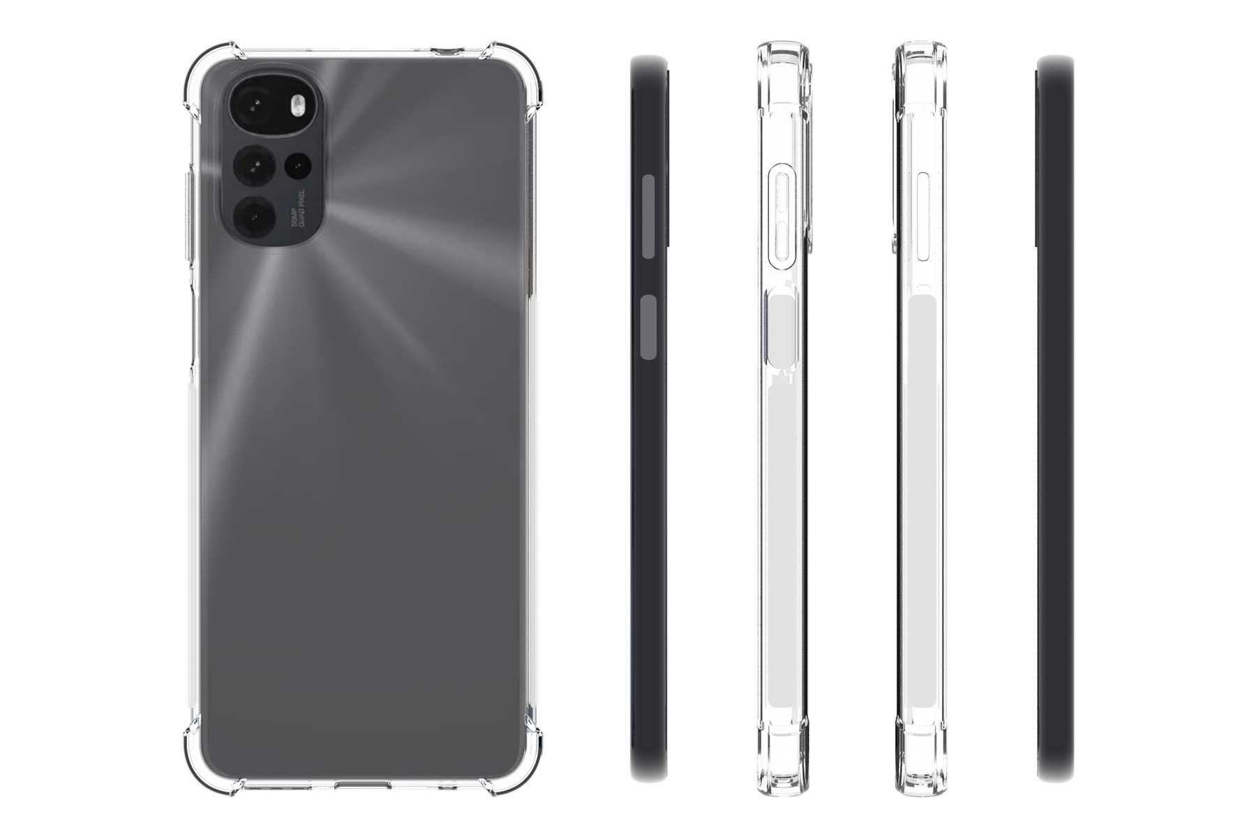 Telefon mit durchsichtiger Hülle in mehreren Ansichten: Rückseite, Seite und Vorderseite, Telefon und Hülle zeigend.