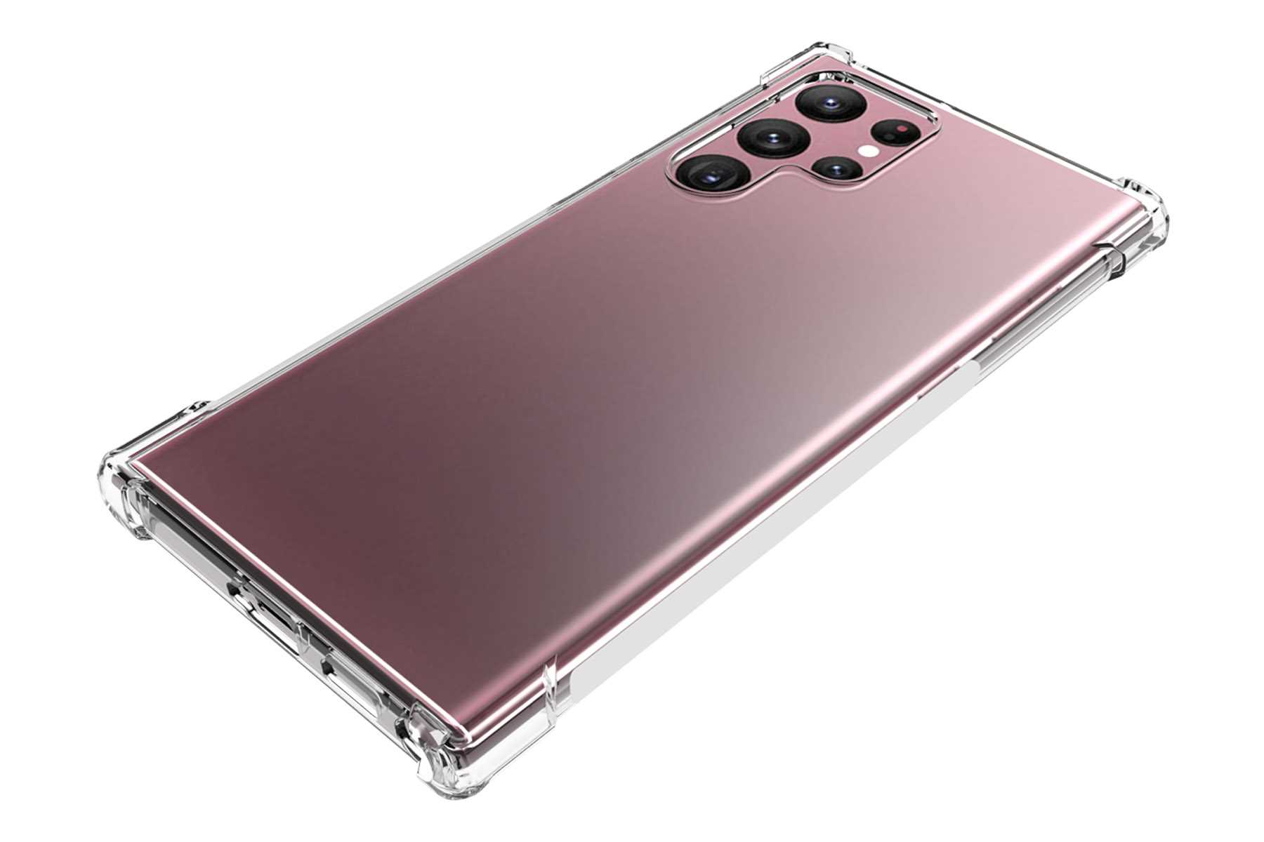 Rosa Telefon mit transparentem Gehäuse. Klare Kanten und klare Ecken. Weißer Hintergrund.