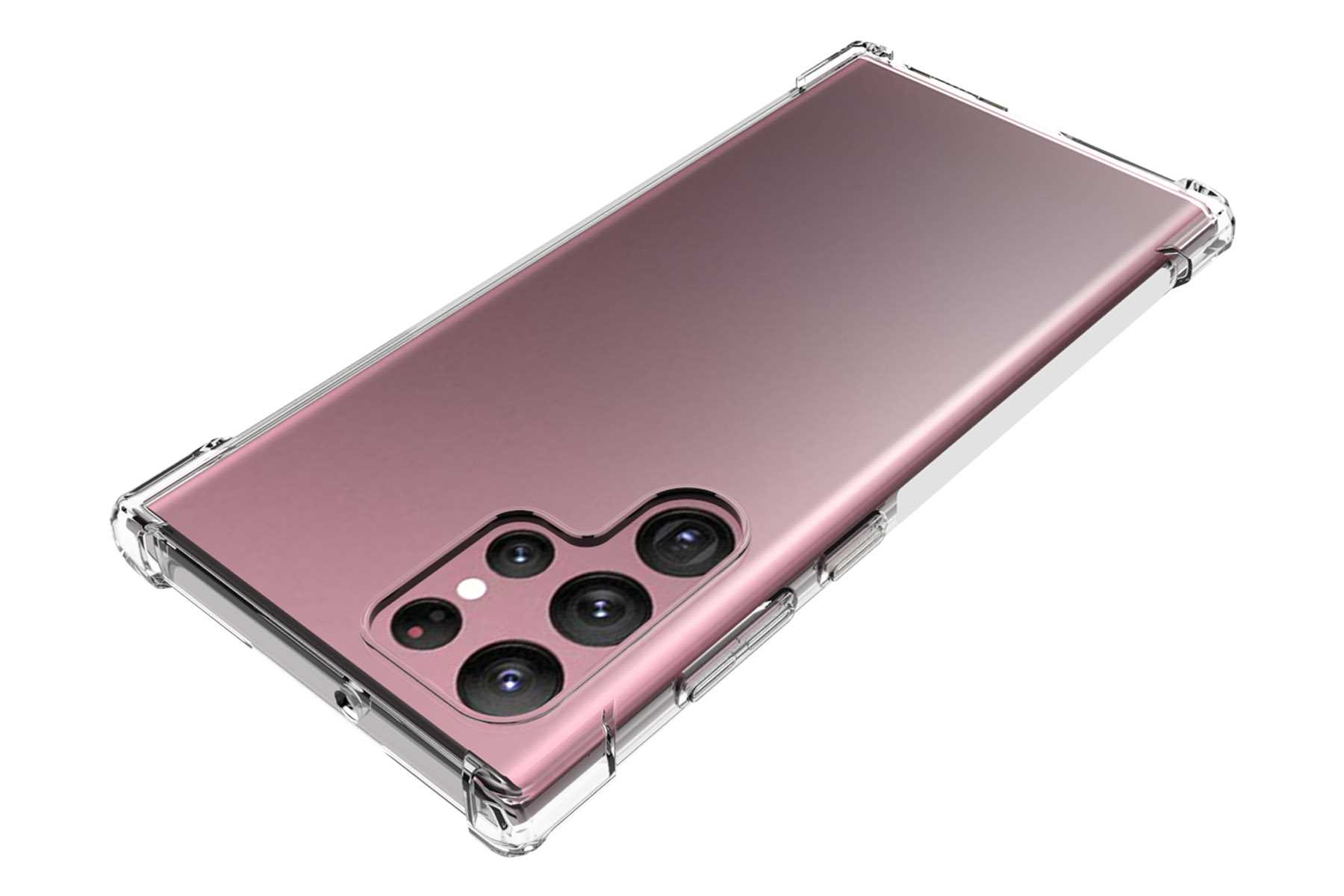 Ein rosa Telefon in einer transparenten Hülle, mit sichtbaren Kameralinsen.