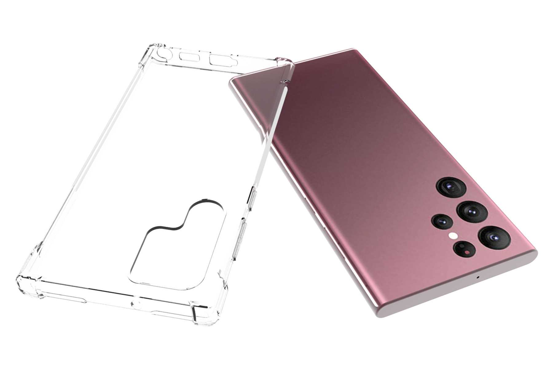 Ein rosa Telefon mit einer transparenten Hülle. Die Hülle liegt daneben. Das Telefon ist auf weißem Grund.