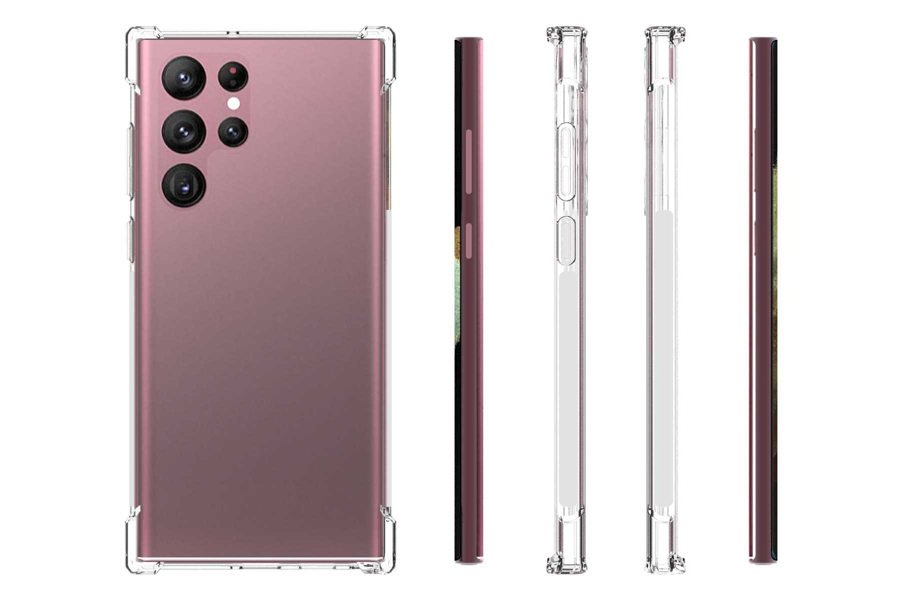 Rosa Telefon in klarer Hülle. Mehrere Ansichten einschließlich Seite und Rückseite mit Kameralinsen.