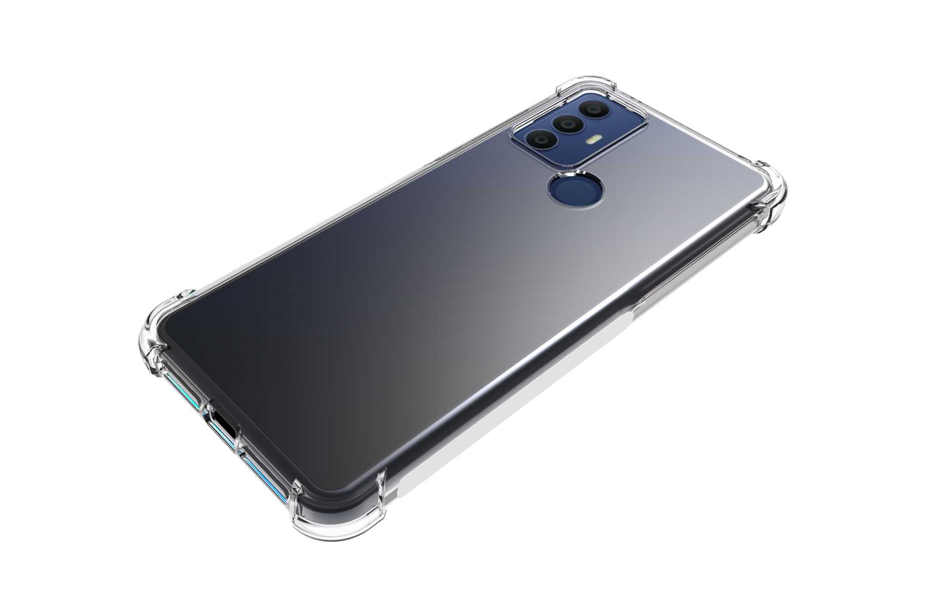 Transparente Handyhülle auf einem Telefon mit Mehrfachkamera. Weißer Hintergrund.