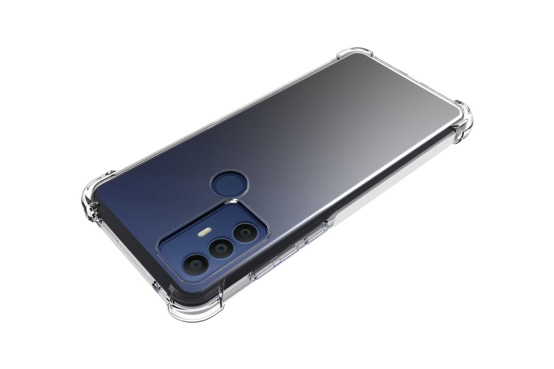 Transparente Handyhülle mit Smartphone, schräge Ansicht, weißer Hintergrund.