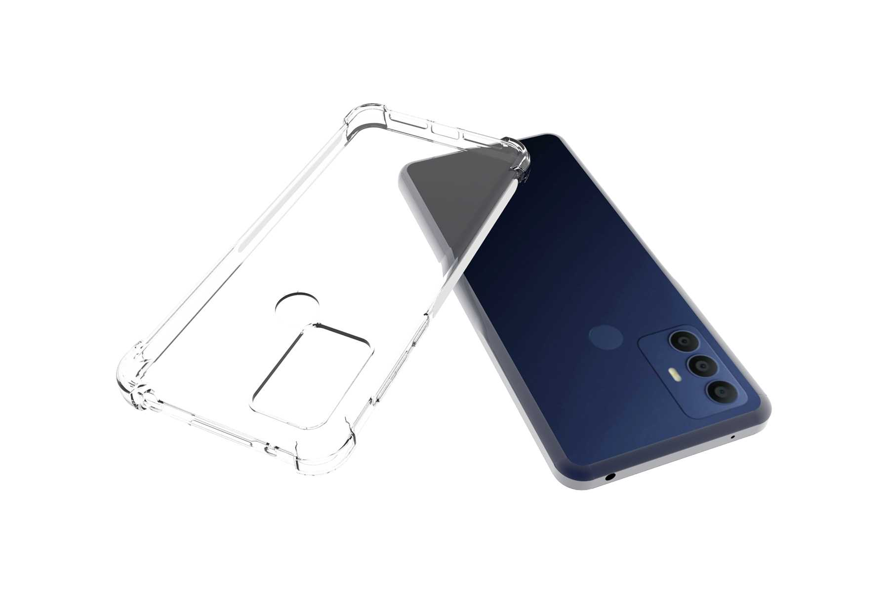 Eine transparente Handyhülle liegt neben einem blauen Telefon. Das Telefon hat drei Rückkameras. Die Hülle ist offen.