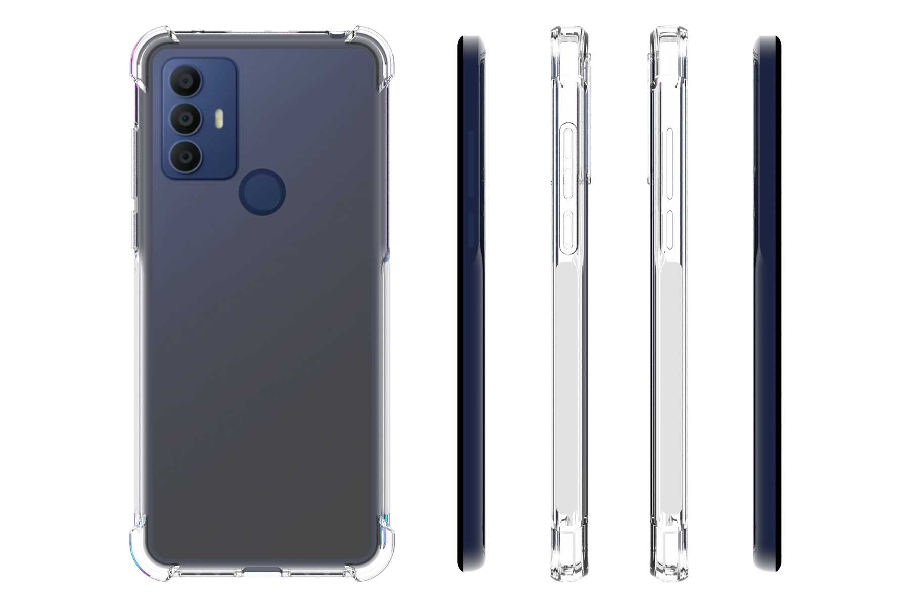 Transparente Handyhülle mit Telefon darin. Dunkelblaue Rückseite des Telefons.