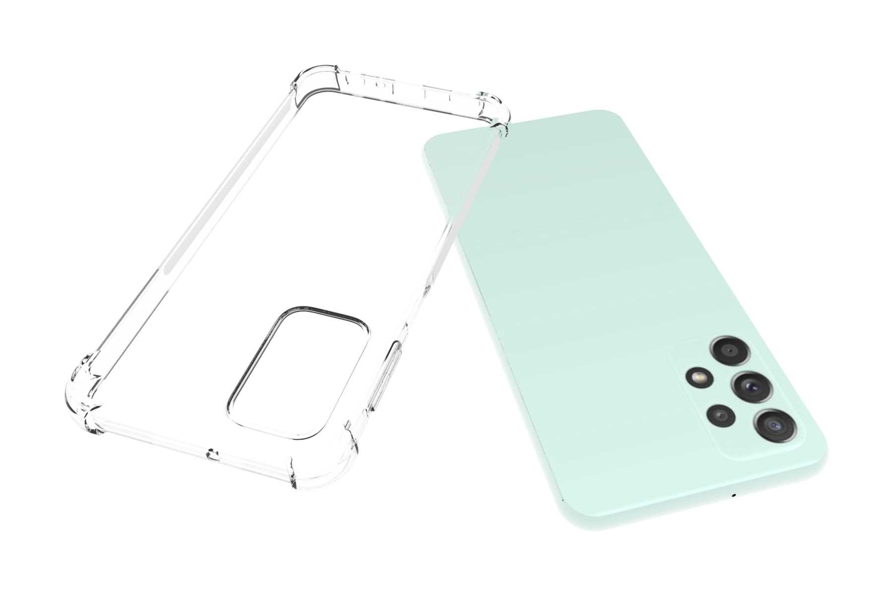 Mintgrünes Telefon und transparente Hülle, Hülle liegt neben dem Telefon.
