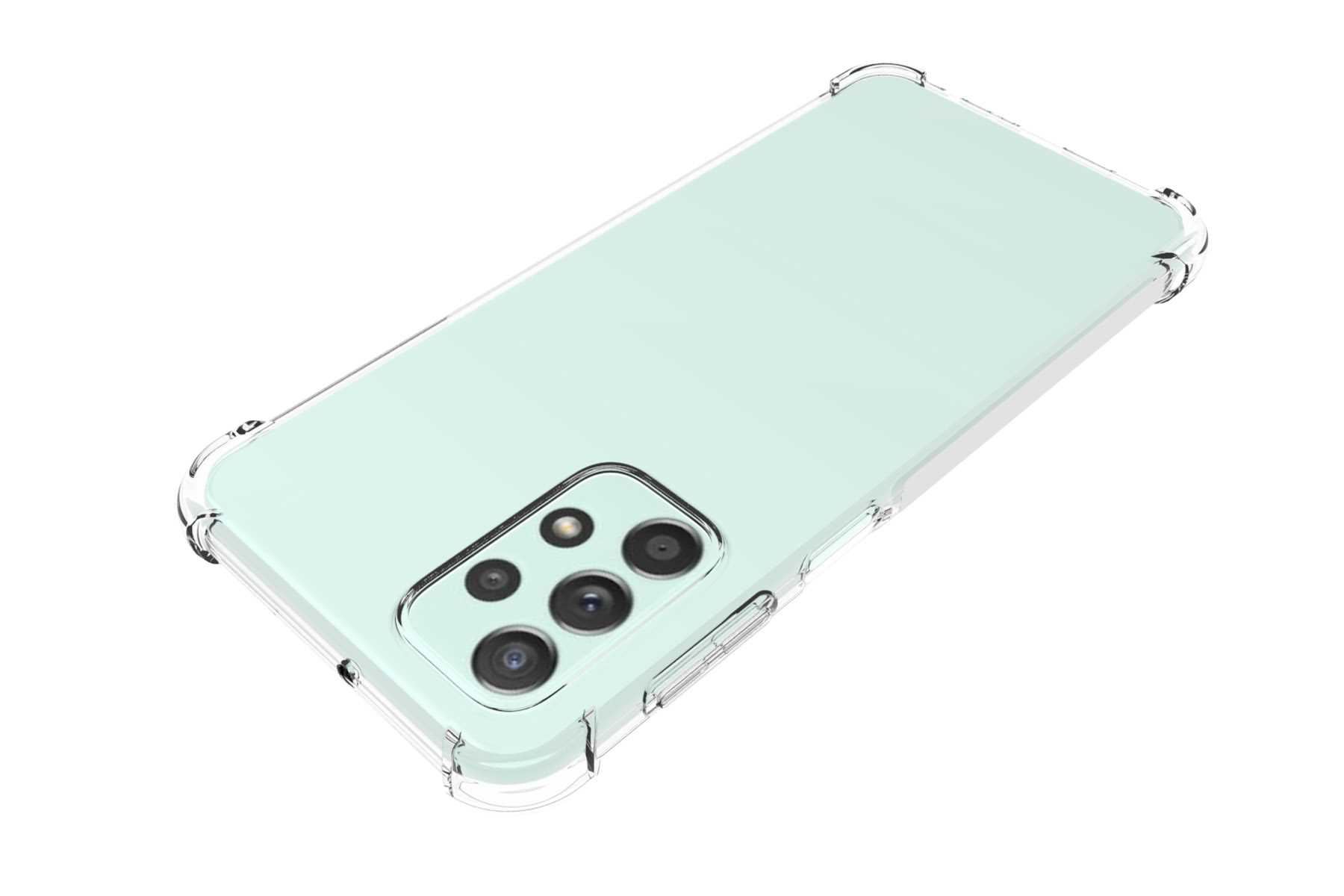 Hellgrünes Telefon mit transparenter Hülle. Die Hülle hat Schutzecken.