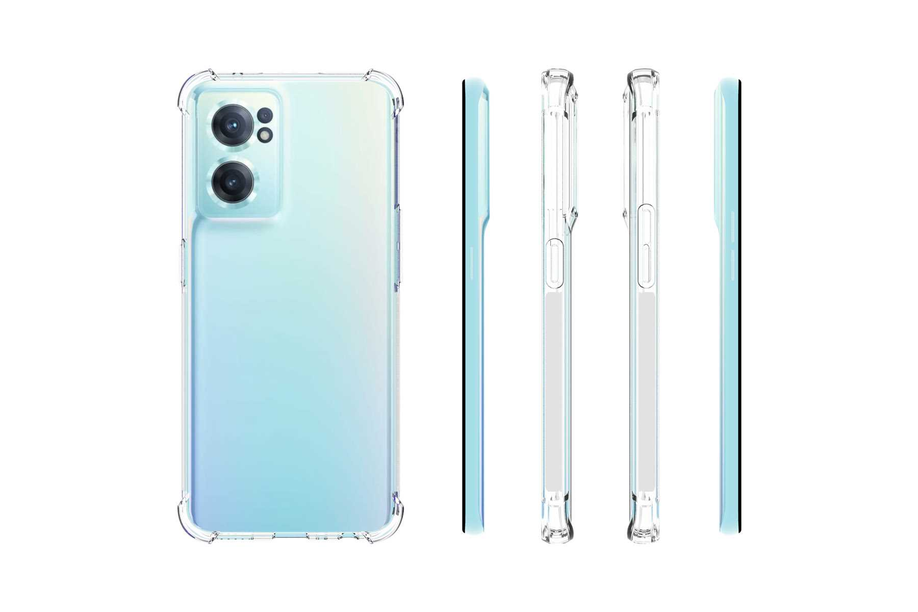 Eine transparente Handyhülle. Die Hülle liegt auf einer weißen Oberfläche. Seitenansichten zeigen das Design der Hülle.