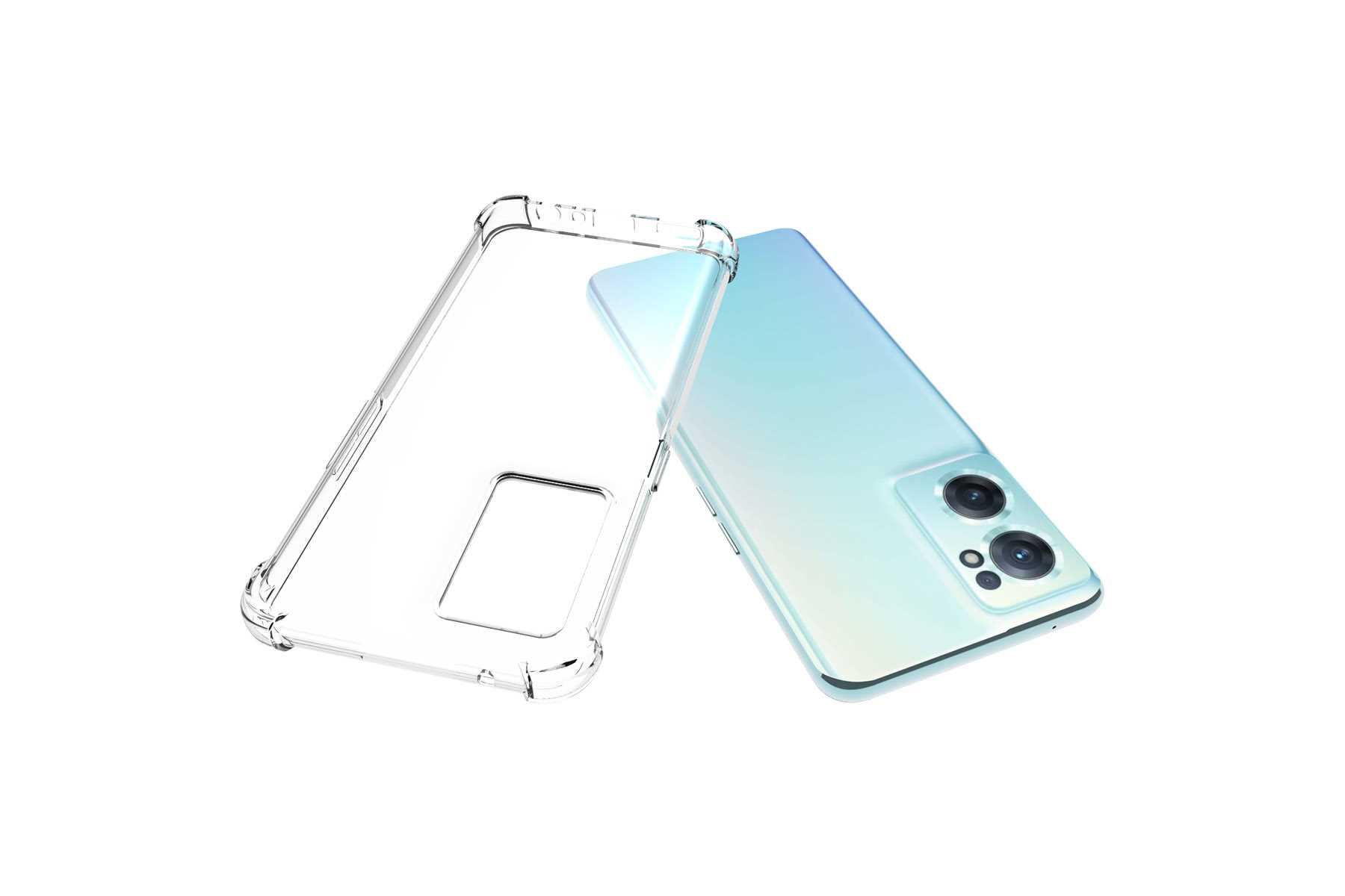 Telefon und transparente Hülle auf Weiß. Hülle ist offen. Telefon hellblau mit Kamera.