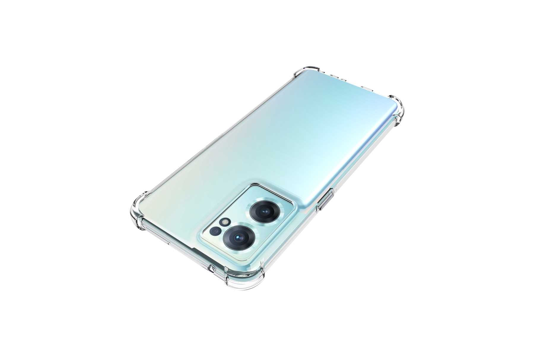 Weißes Telefon mit transparenter Hülle. Telefon ist angewinkelt, zeigt Rückseite, Kamera und Hülle.