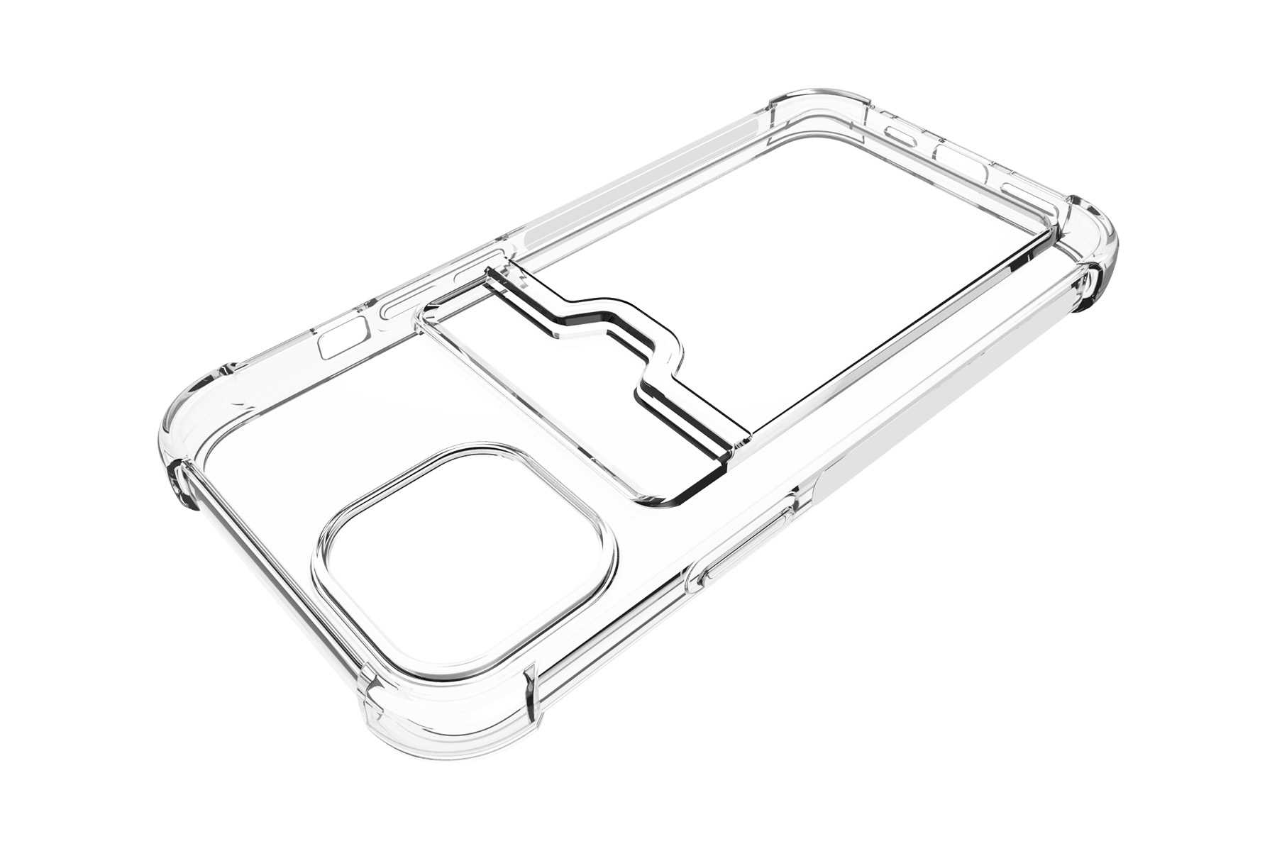 Eine transparente Handyhülle mit Aussparung für eine Kamera und einem Kartenfach, auf weißer Oberfläche.