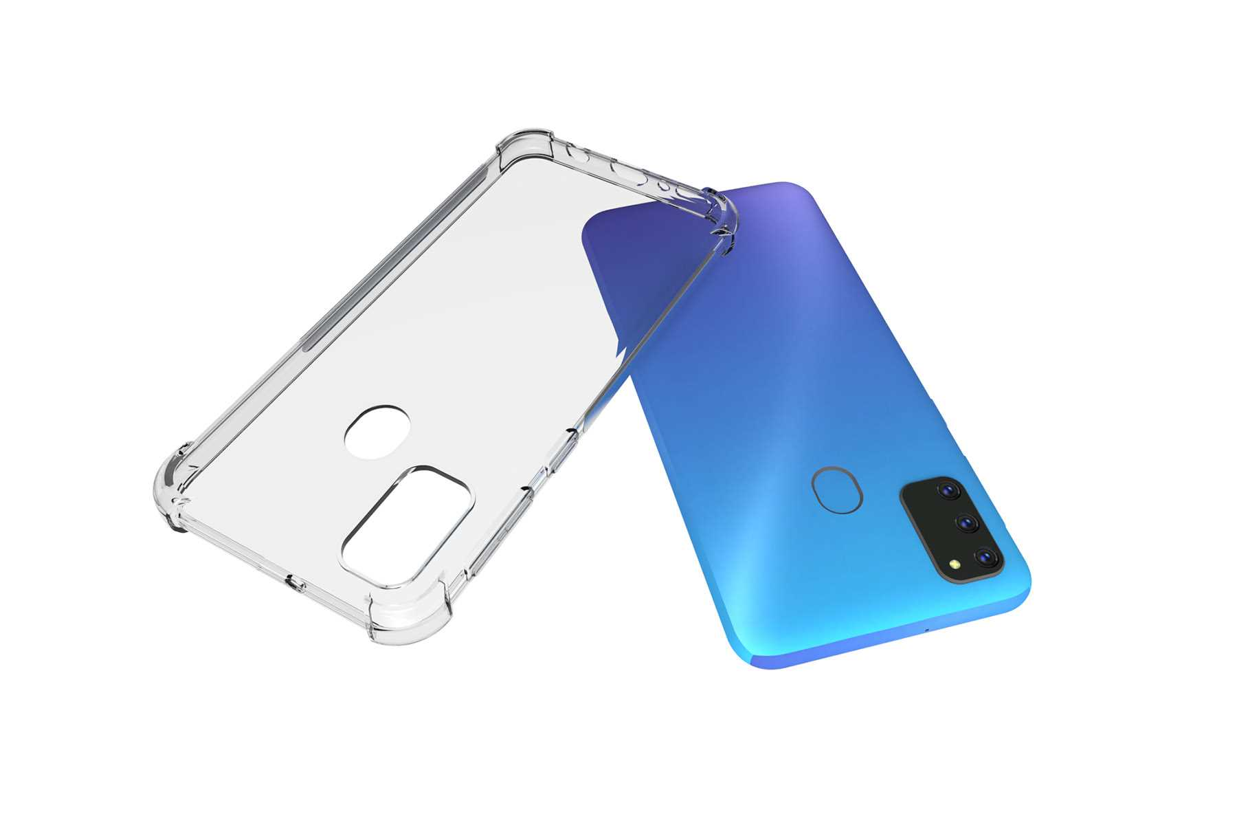 Blaues Telefon mit klarer Schutzhülle. Die Hülle ist leer und liegt über dem Telefon.